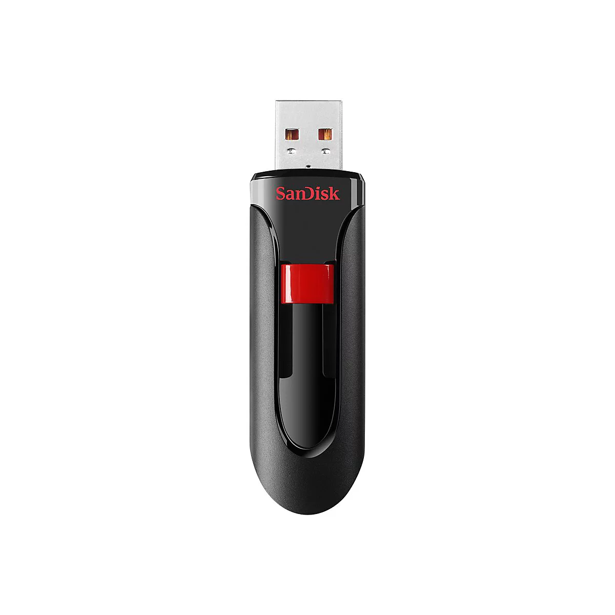 Clé USB noire avec curseur rouge, marque Sandisk, sur fond blanc.