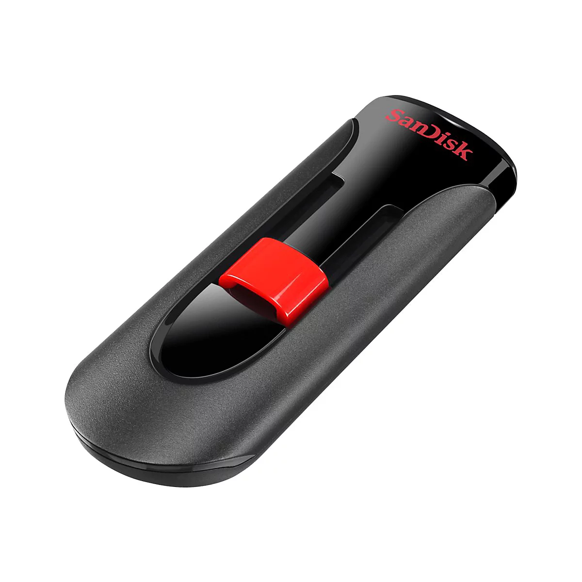Une clé USB noire avec un curseur rouge, de marque Sandisk. La clé est légèrement inclinée.