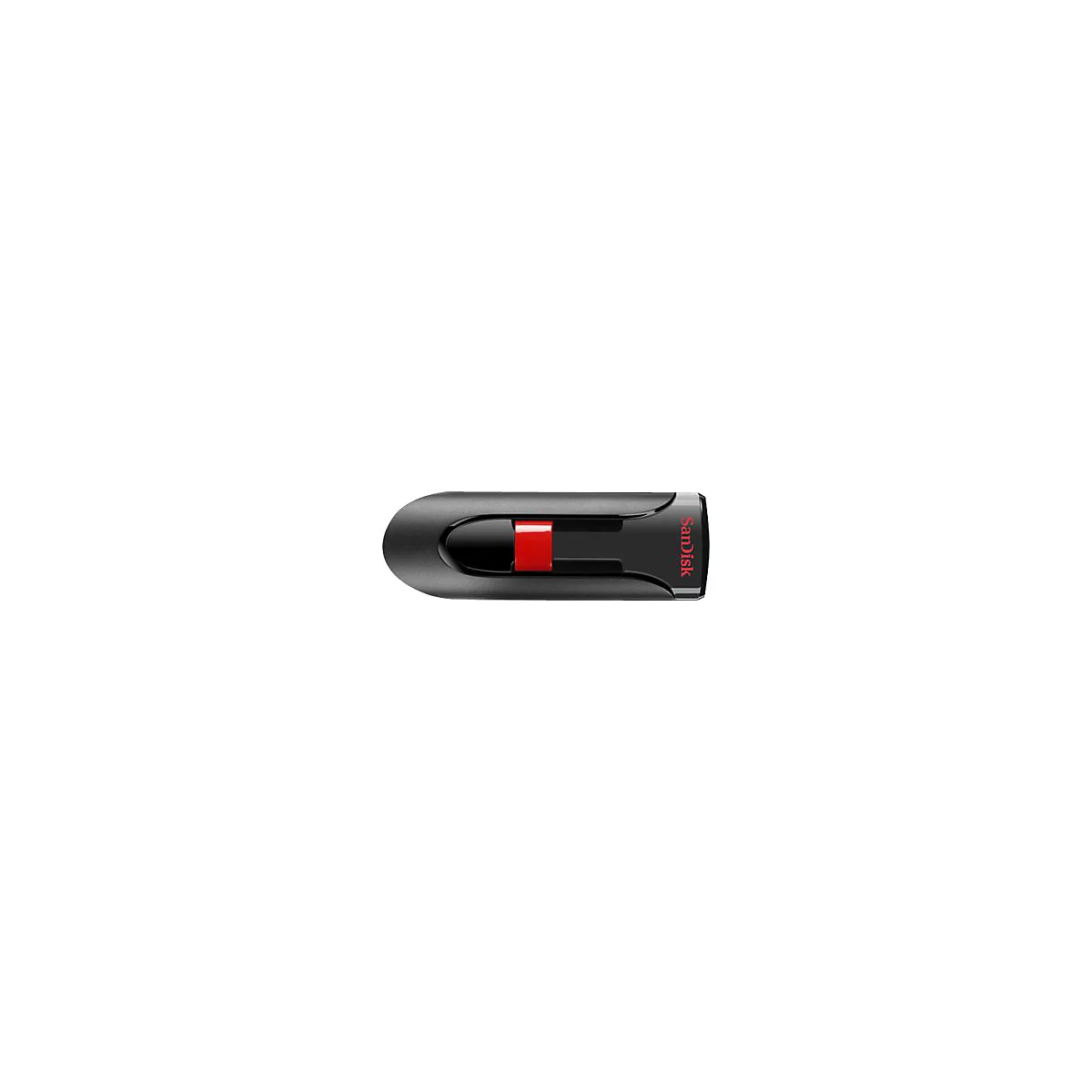 Schwarzer SanDisk USB-Stick mit rotem Schiebemechanismus vor weißem Hintergrund.