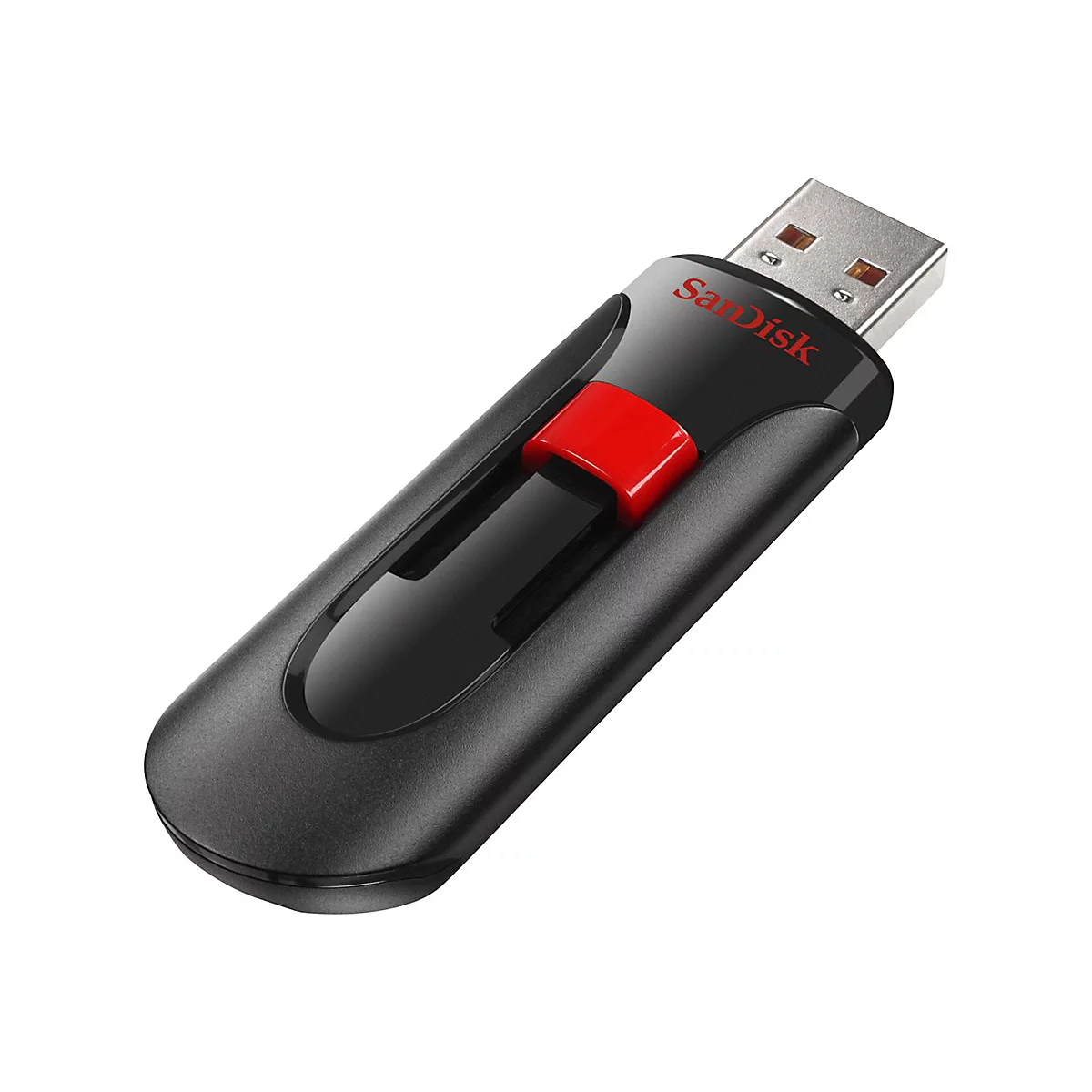 Schwarzer USB-Stick mit rotem Schieber, Marke Sandisk. Der Metallstecker ist silbern.