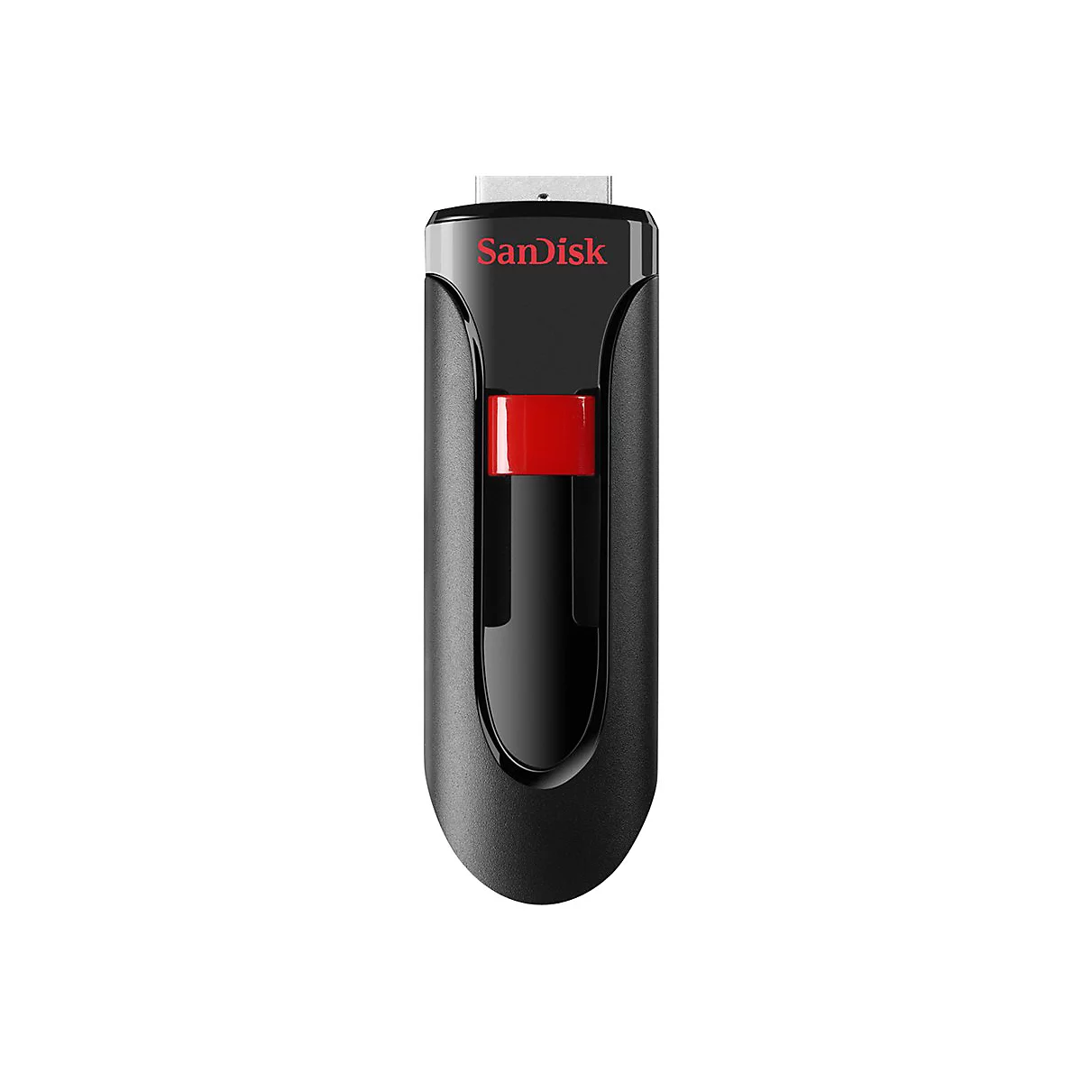 Schwarzer USB-Stick mit rotem Akzent. Aufschrift: SanDisk.