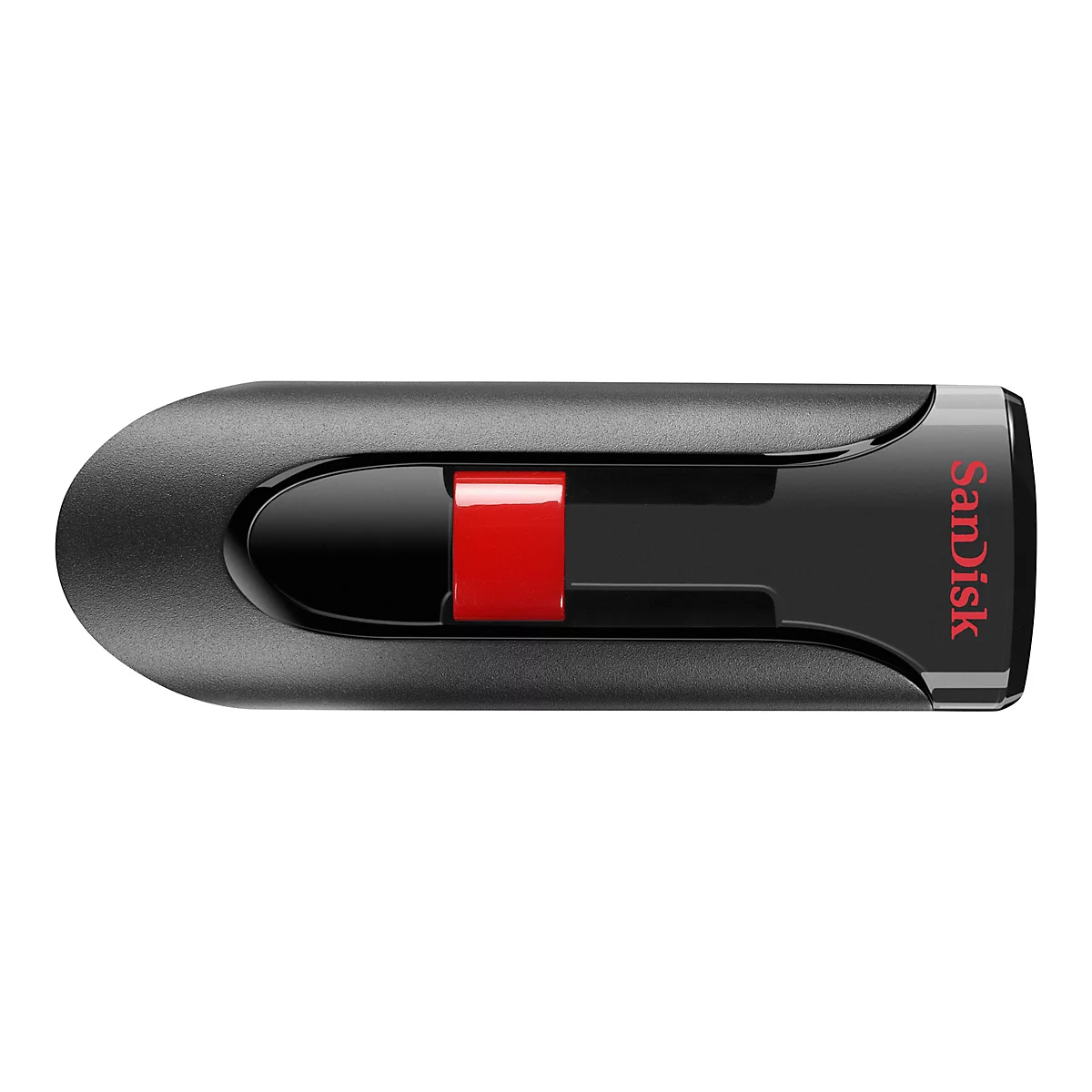 Ein schwarzer USB-Stick mit rotem Schieber, Marke Sandisk, vor weißem Hintergrund.