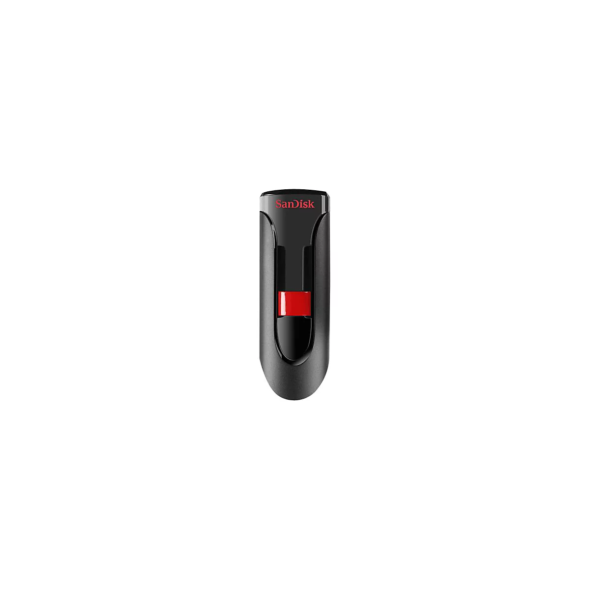 Ein schwarzer USB-Stick von SanDisk, mit rotem Akzent. Aufschrift 'SanDisk' in Rot.