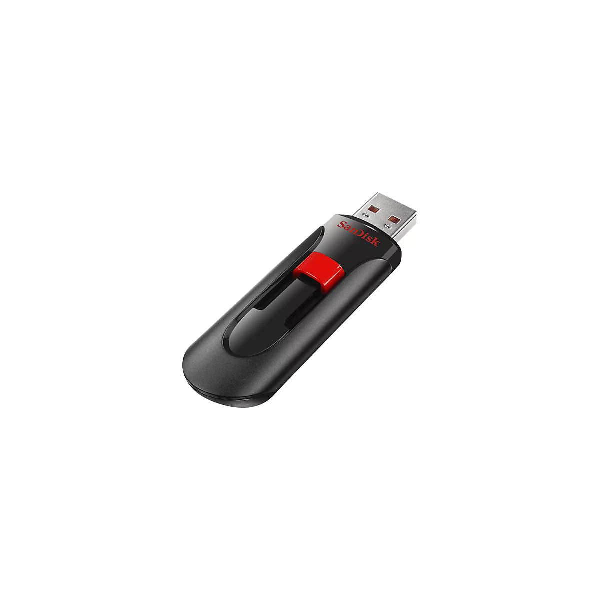 Clé USB noire avec curseur rouge, marque Sandisk. Le connecteur est argenté.
