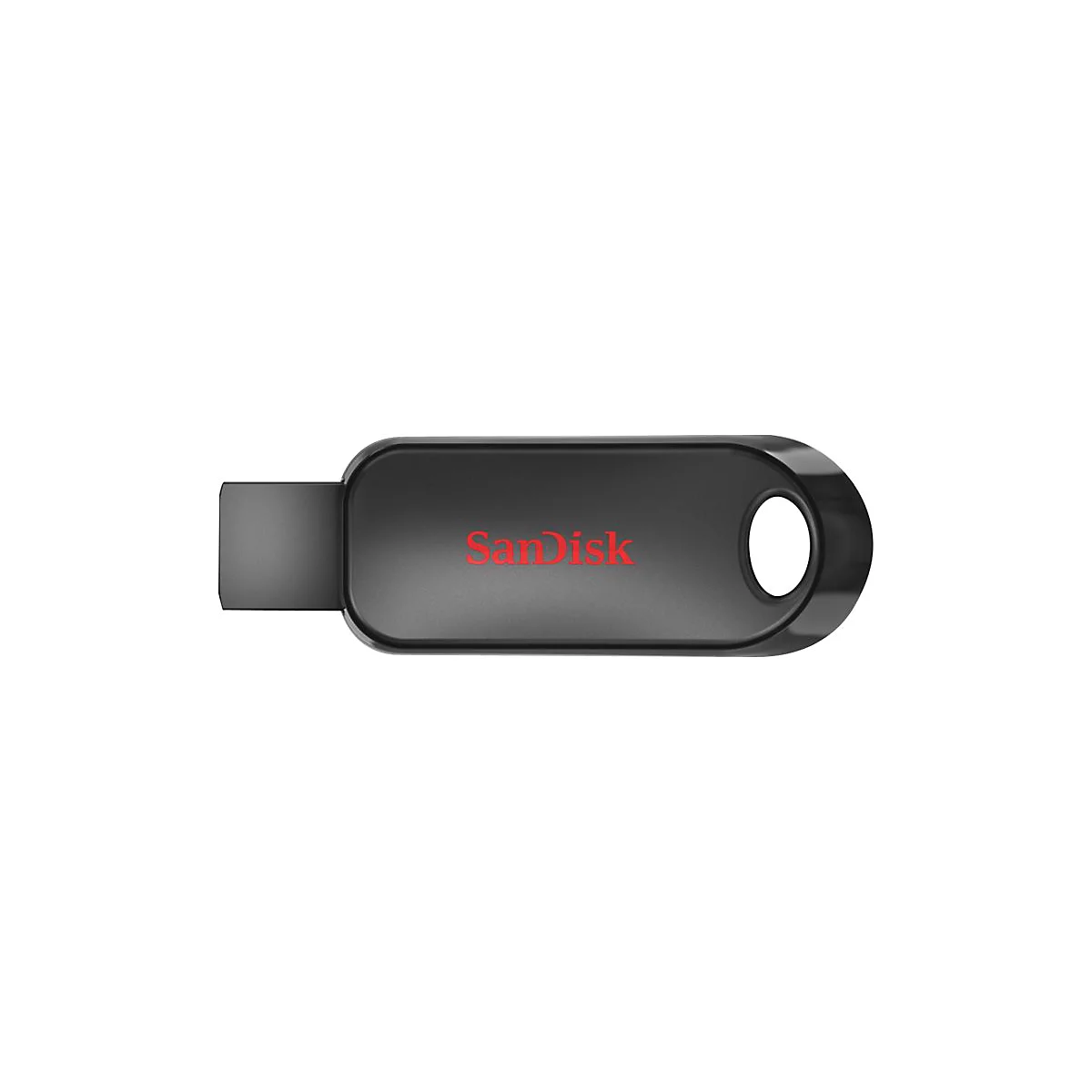 Schwarzer USB-Stick mit rotem "SanDisk"-Logo. Das rechte Ende hat ein Loch. Der USB-Anschluss ist links.