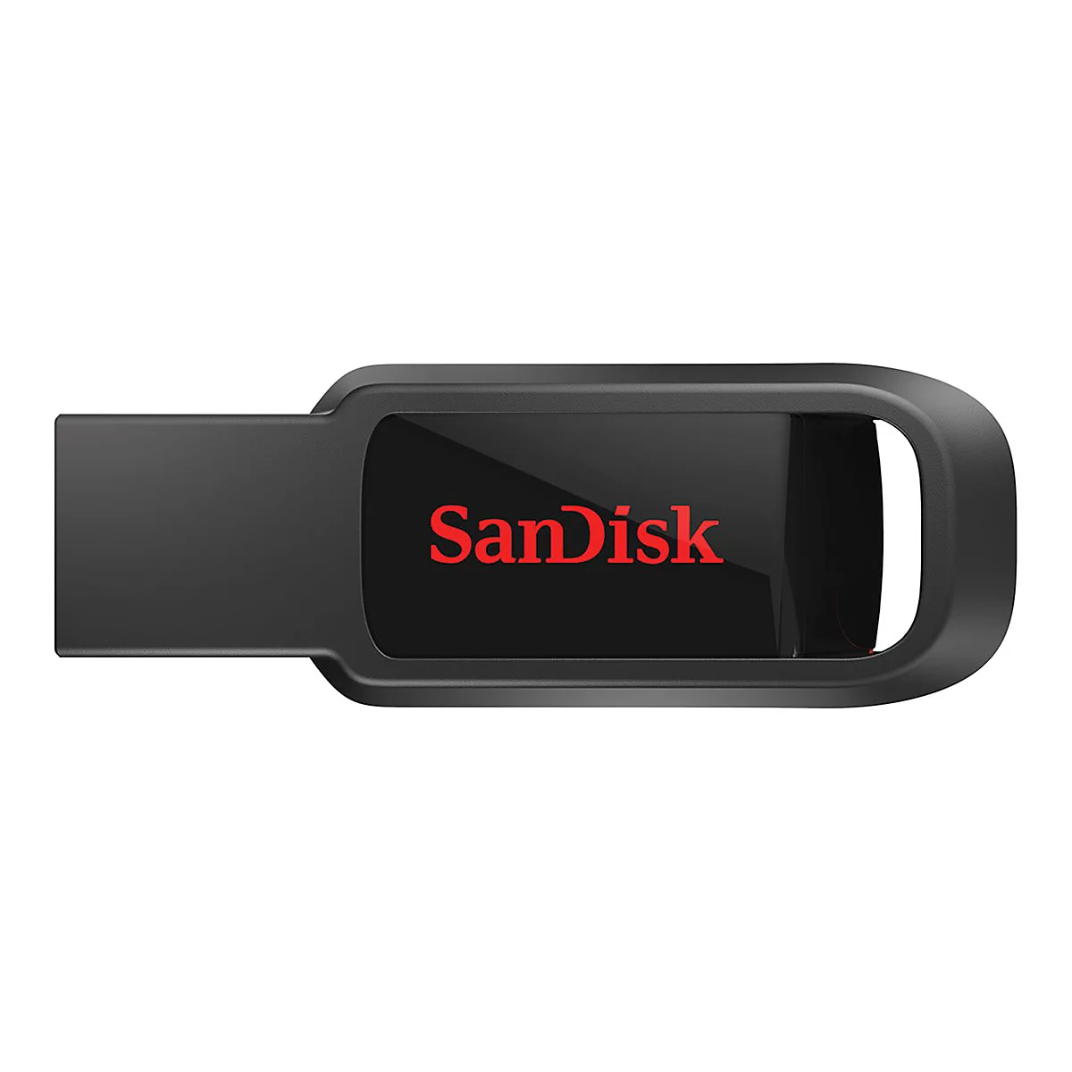 Clé USB noire avec lettrage "SanDisk" rouge. Sur fond clair.