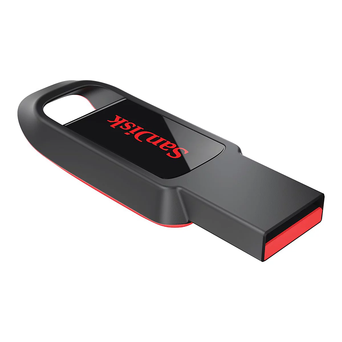 Une clé USB noire avec des touches de rouge et le logo "SanDisk".