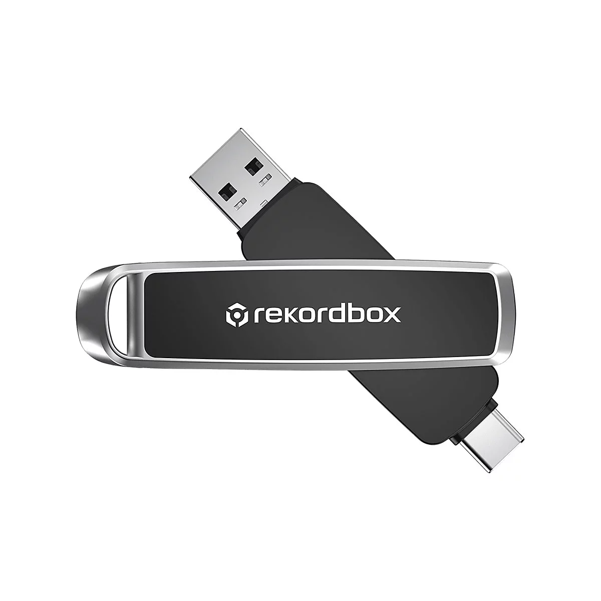 Schwarzer USB-Stick mit 'rekordbox' Logo und silbernen Akzenten. Stecker an beiden Enden erkennbar.