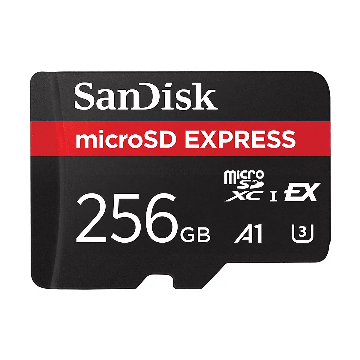 Schwarze microSD Karte mit rotem Streifen. Aufschrift: SanDisk, microSD EXPRESS, 256 GB, A1, und Logos.