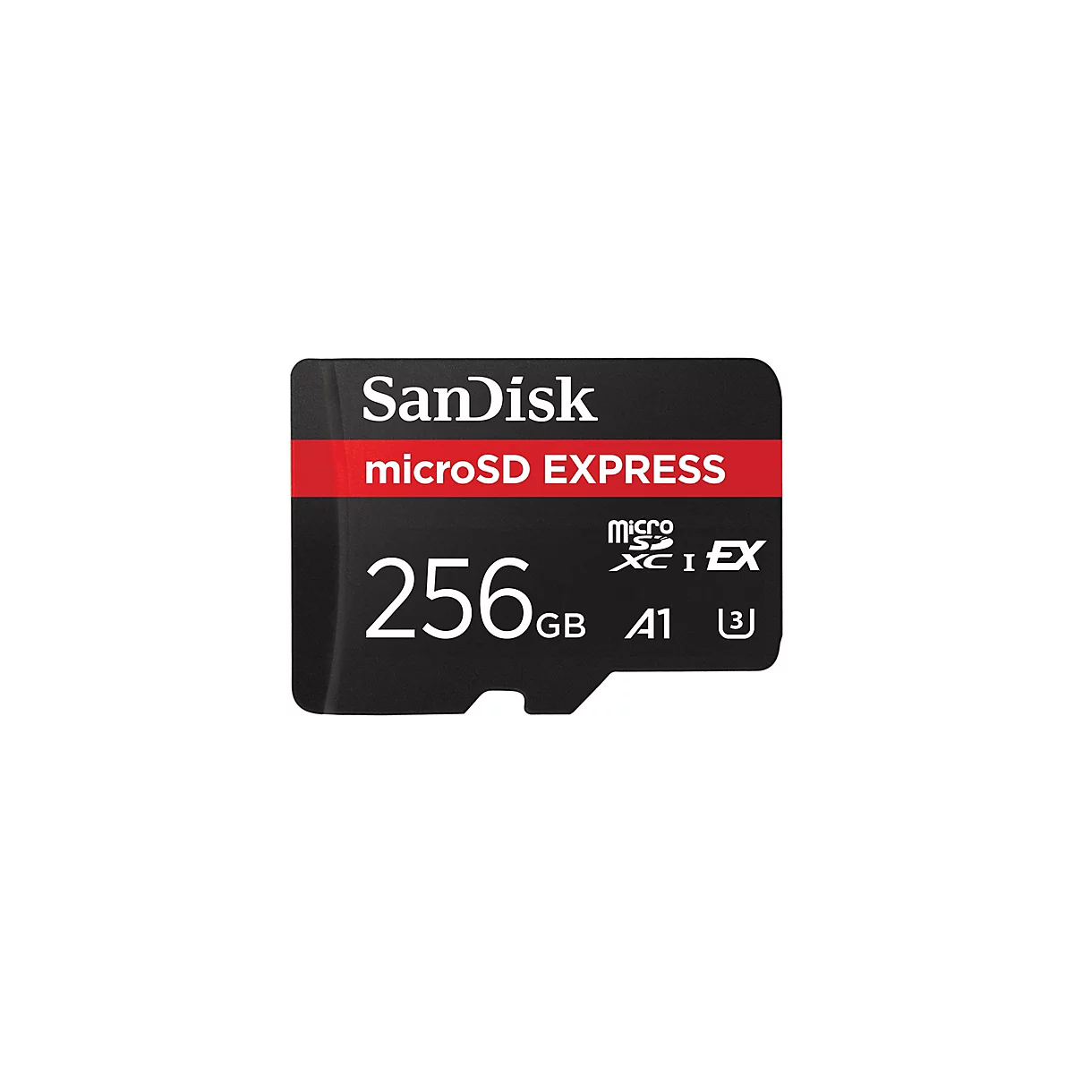 Schwarze microSD-Karte mit rotem Streifen und weißem Schriftzug "SanDisk microSD EXPRESS 256GB A1".