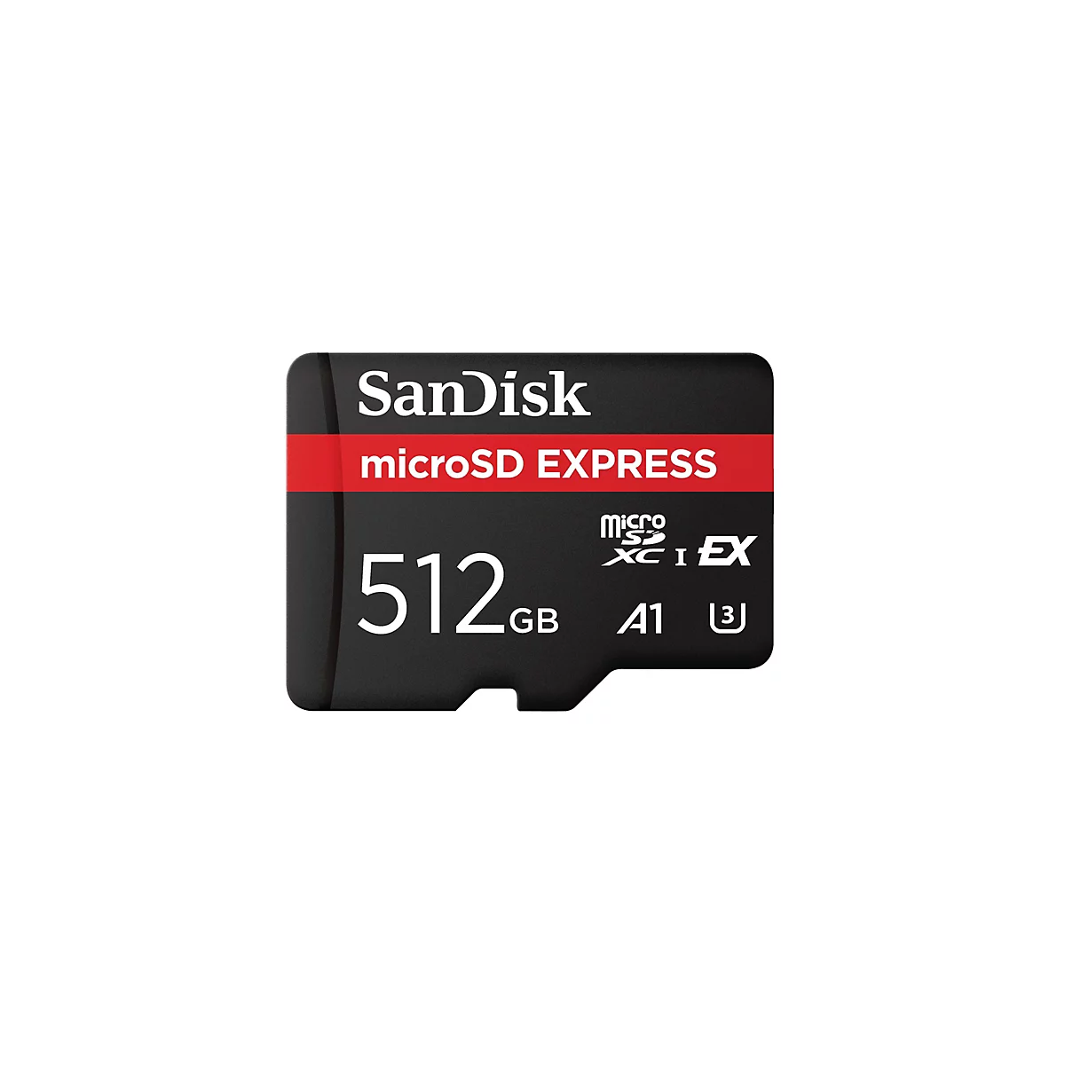 Schwarze microSD-Karte, SanDisk, 512GB, rot unterlegt. Text: microSD EXPRESS, A1, 3.