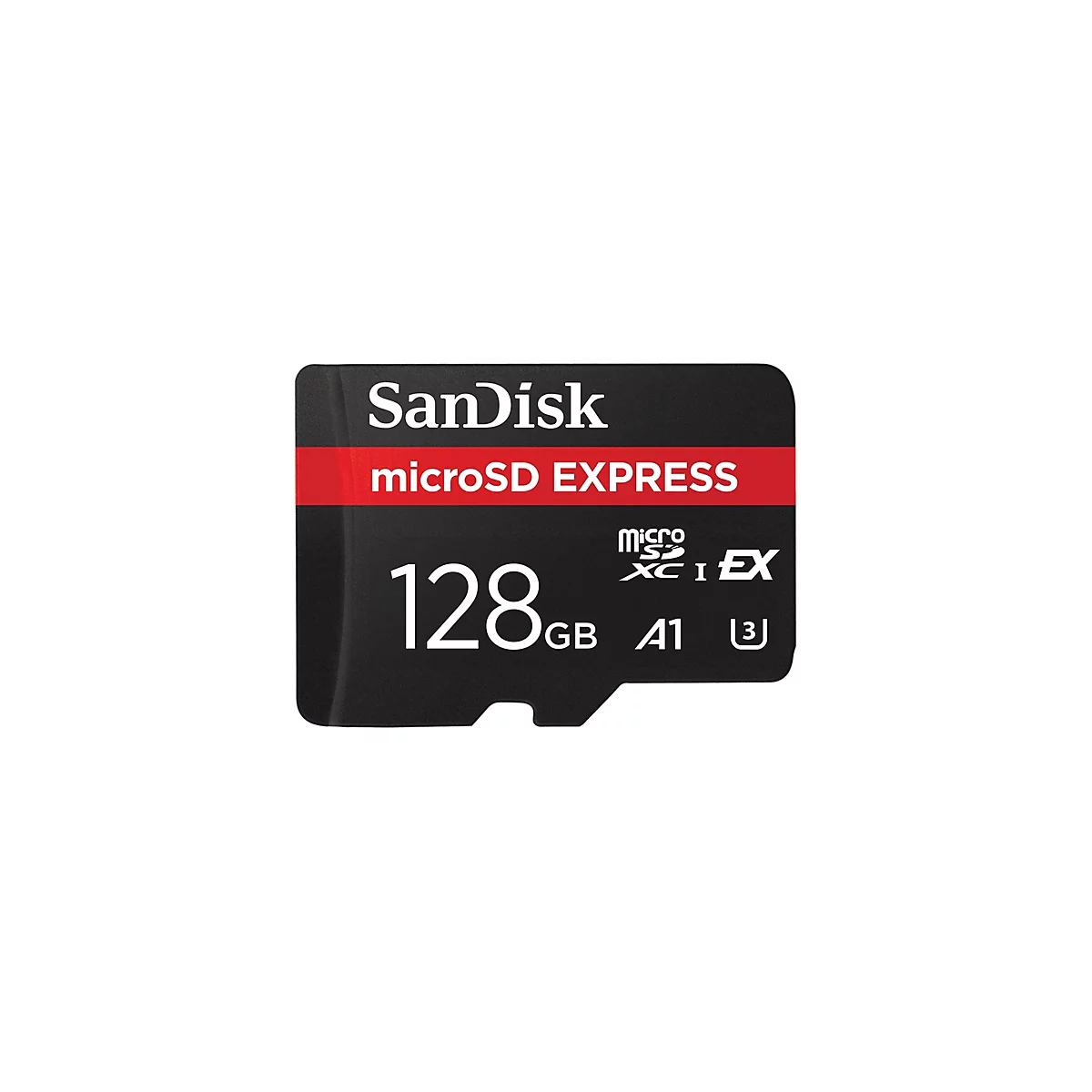 Carte microSD noire avec une bande rouge et du texte blanc. Inscriptions : SanDisk, microSD EXPRESS, 128 Go, A1, logo.