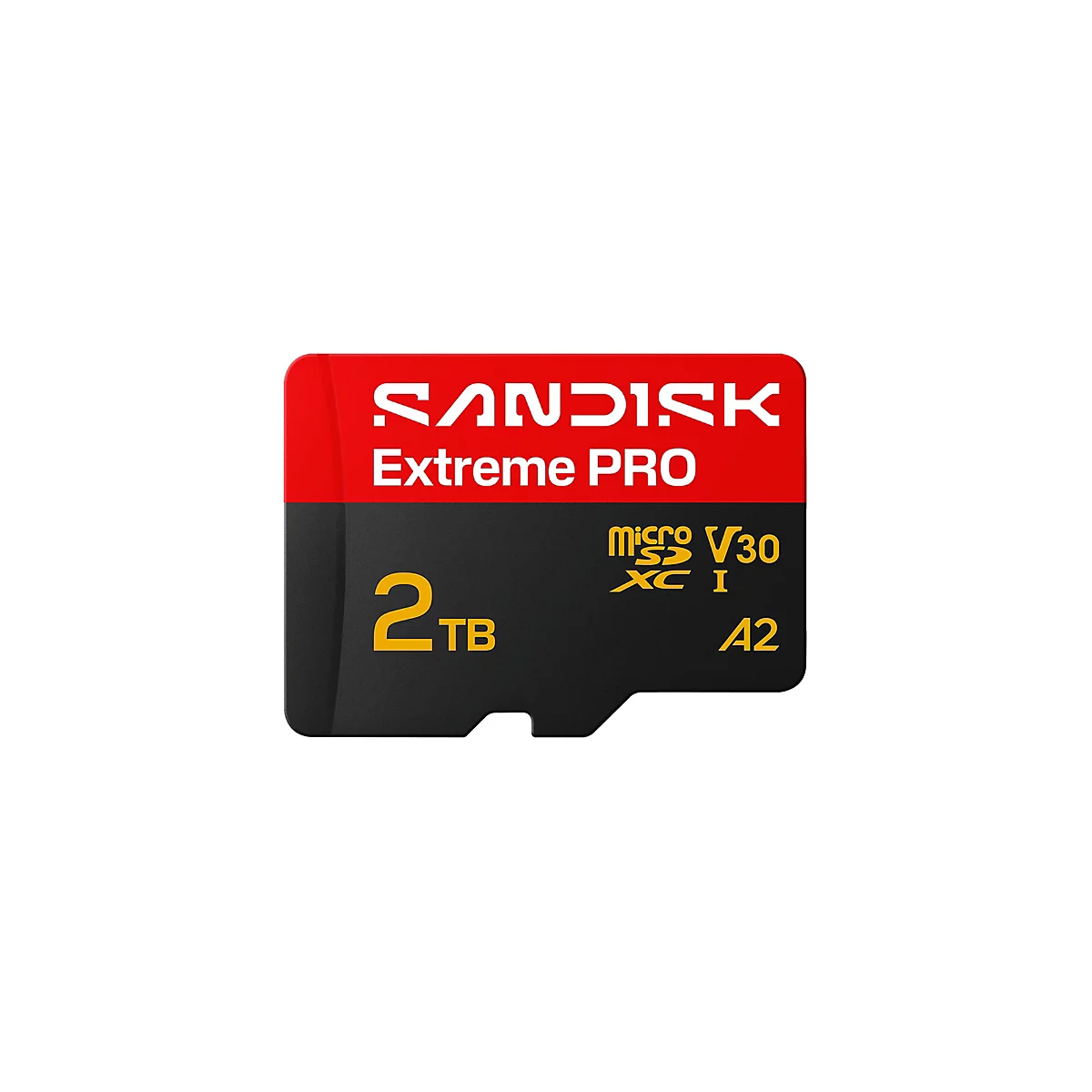 Carte SD SanDisk Extreme PRO, rouge et noir, avec inscriptions 2TB, V30, A2.