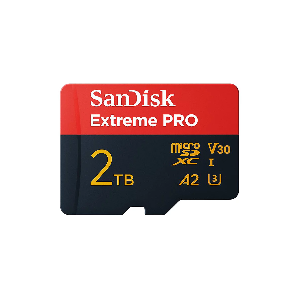Carte SD Sandisk Extreme PRO, rouge et noir, 2 To, avec logo et lettrage.