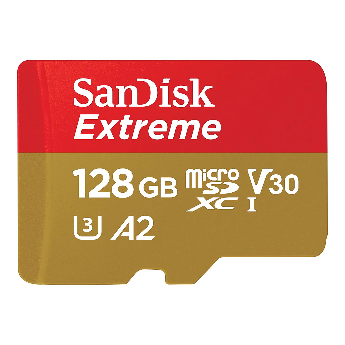 Carte microSD SanDisk Extreme : Carte rouge et or avec lettrage blanc, 128 Go, V30, A2.