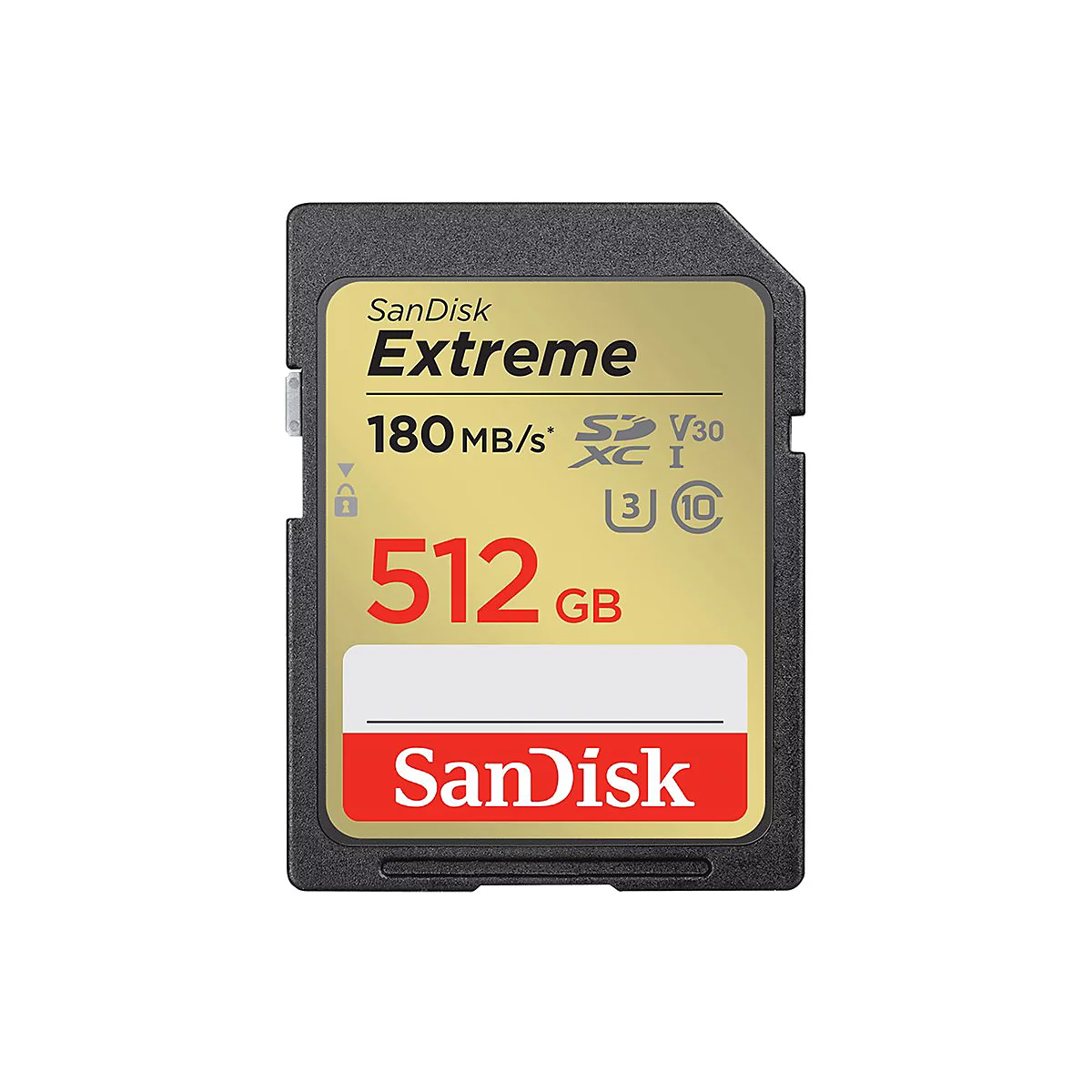 Carte SD SanDisk Extreme. Cadre noir, carte dorée avec étiquette blanche, lettrage rouge. Inscription : Extreme, 512 Go, 180 Mo/s, SanDisk.