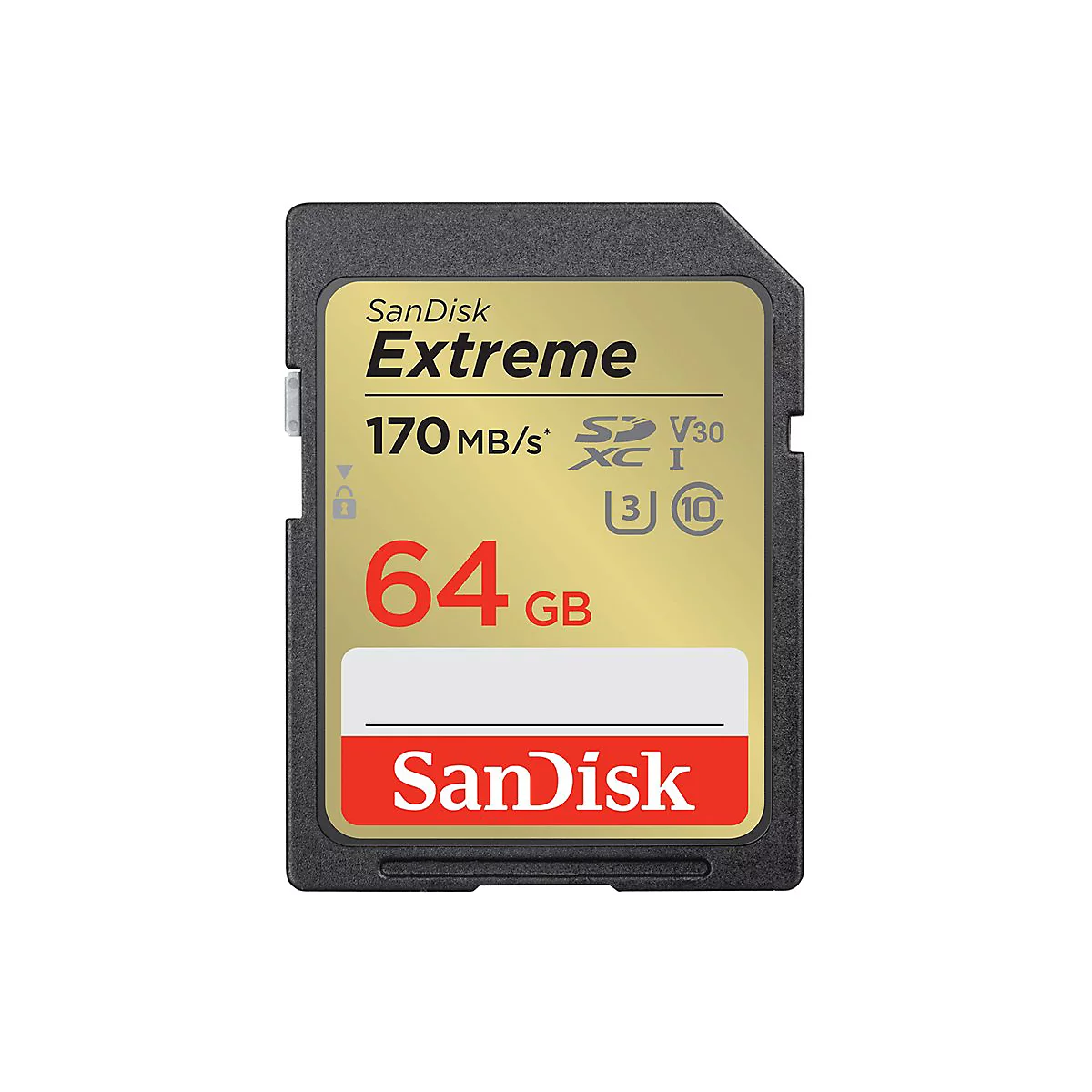 Carte SD SanDisk Extreme. Cadre en plastique noir, centre doré avec lettrage rouge 64 Go. Le logo et les informations sont visibles.