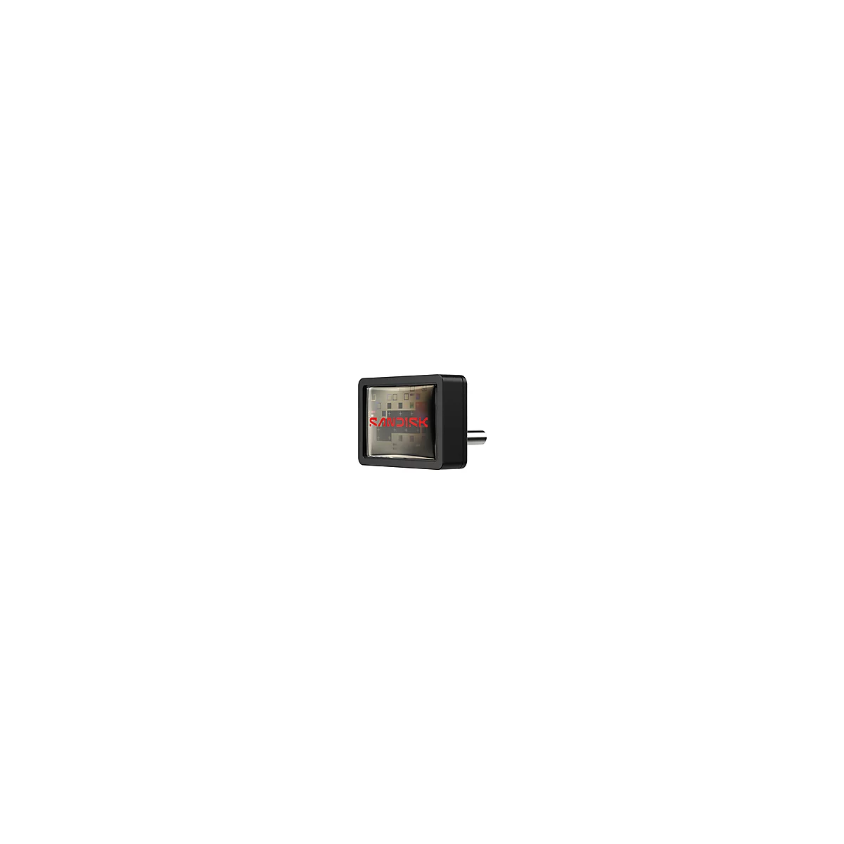 Schwarzer USB-Adapter mit rotem SanDisk-Schriftzug und transparentem Fenster mit Farbfeldern.