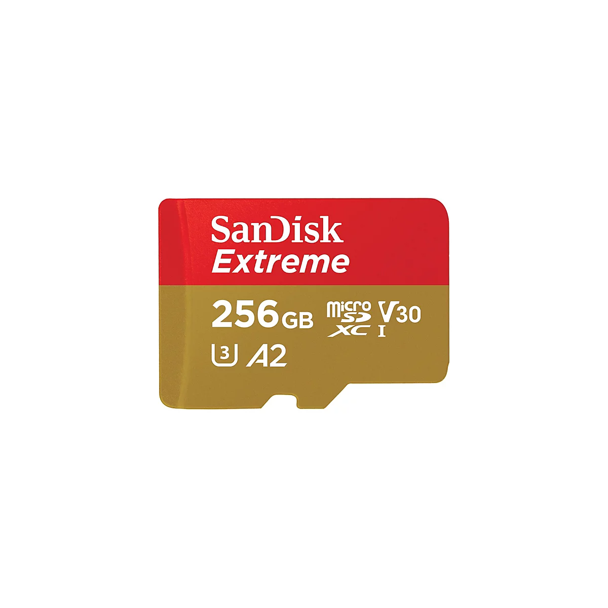 SanDisk Extreme 256GB MicroSD-Karte. Oben rot, unten goldfarben, mit weißer Schrift.