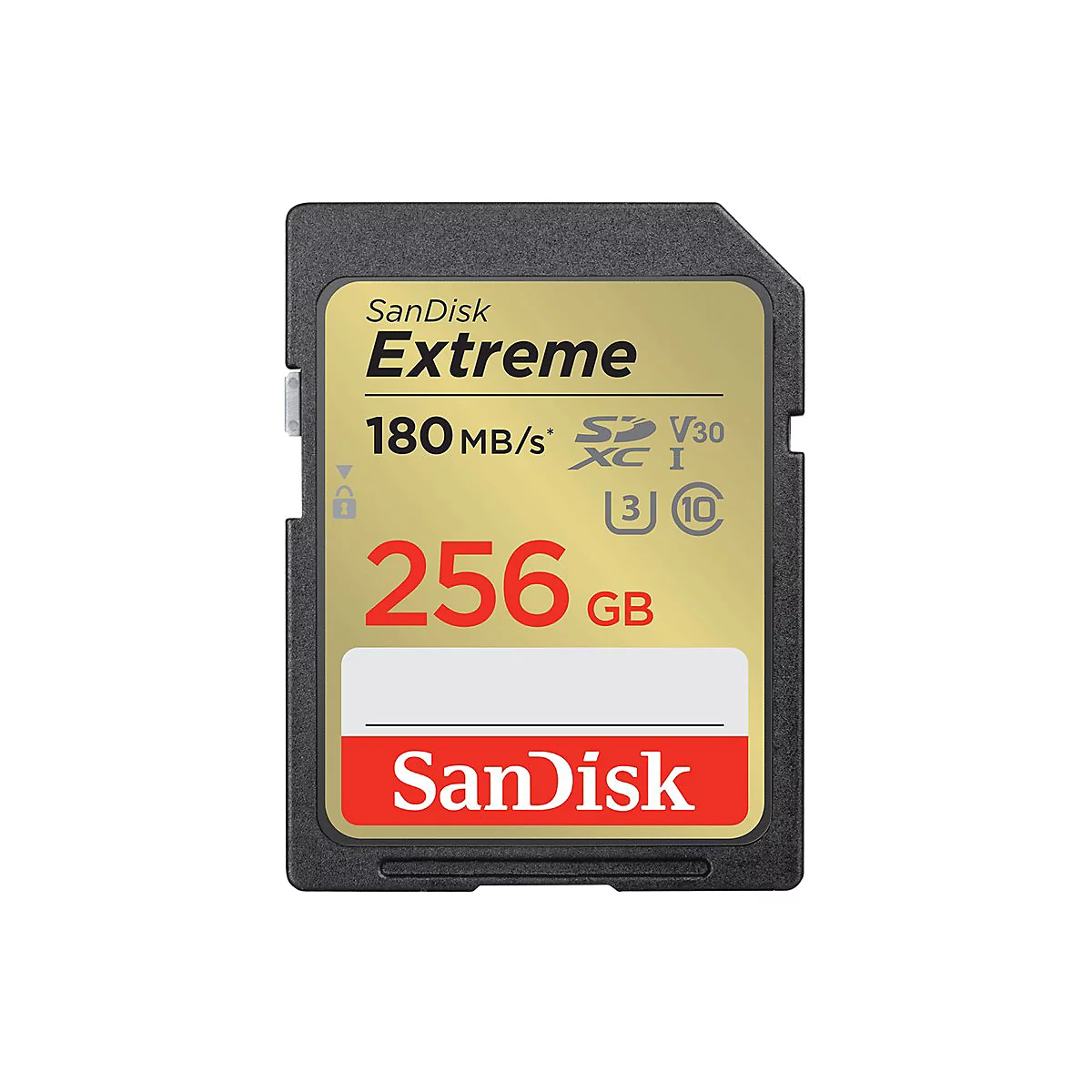 Eine schwarze SD-Karte mit goldener Oberfläche, darauf stehen die Schriftzüge: SanDisk Extreme, 256 GB, 180 MB/s.