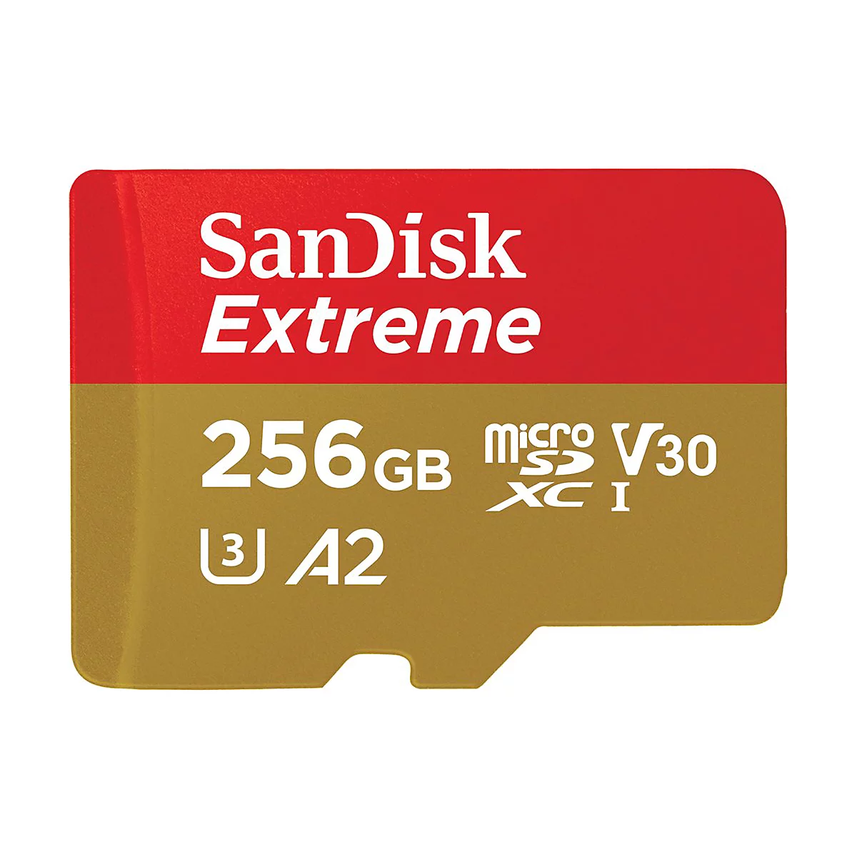 SanDisk Extreme MicroSD-Karte, rot-gold, 256 GB.