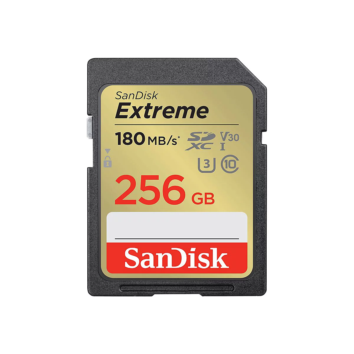 SanDisk Extreme SD-Karte, 256 GB, goldfarbenes Etikett mit roter Schrift, schwarzer Rahmen.