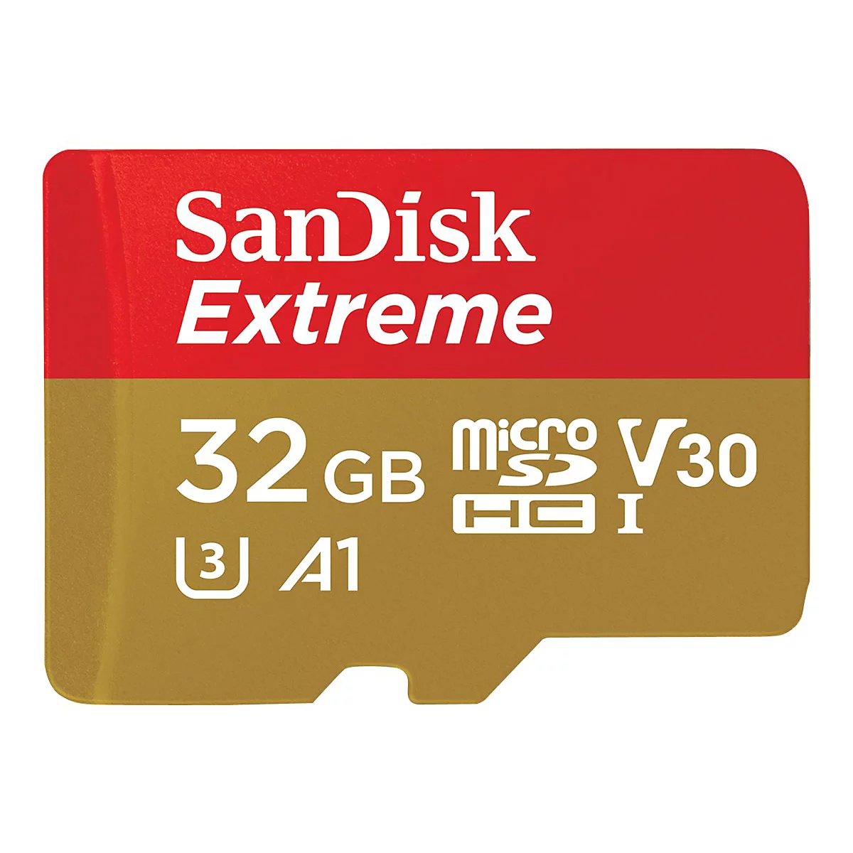 SanDisk Extreme 32GB MicroSD-Karte. Roter/Gold-Farbverlauf mit weißem Text. Bezeichnung: Extreme, V30, A1.