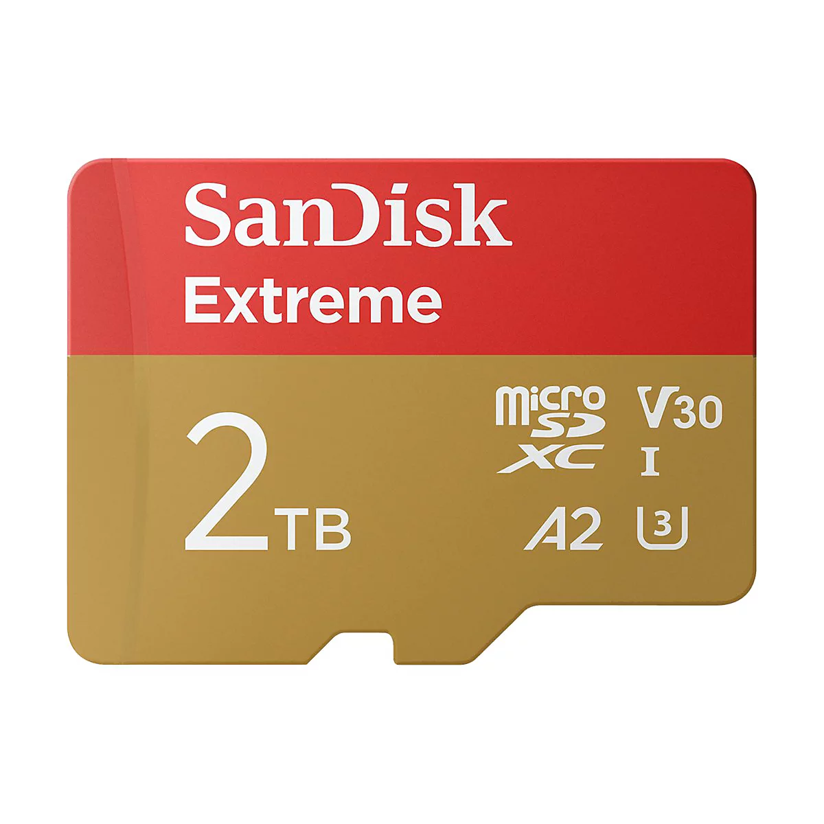 SanDisk Extreme microSD Karte. Rot-goldenes Design mit 2TB Aufschrift.