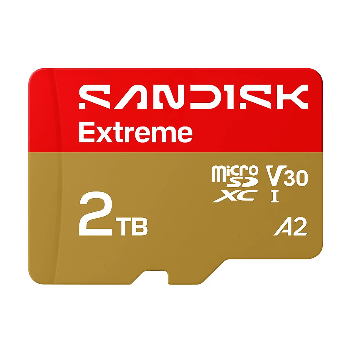 SanDisk Extreme MicroSD Karte, rot/gold, 2 TB Speicher, Aufschrift.