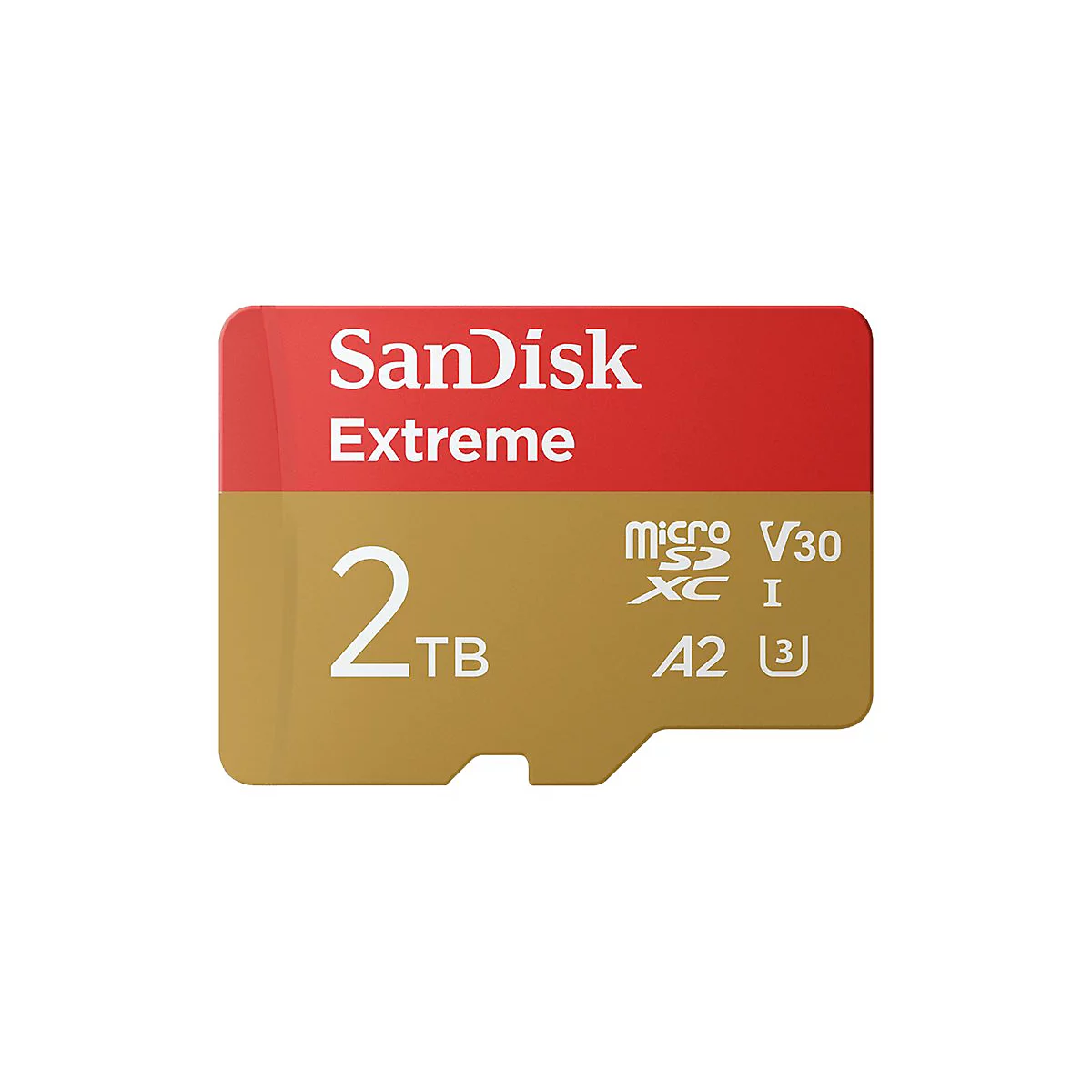 SanDisk Extreme MicroSD-Karte, 2TB, rot und goldfarben, mit weißer Schrift.