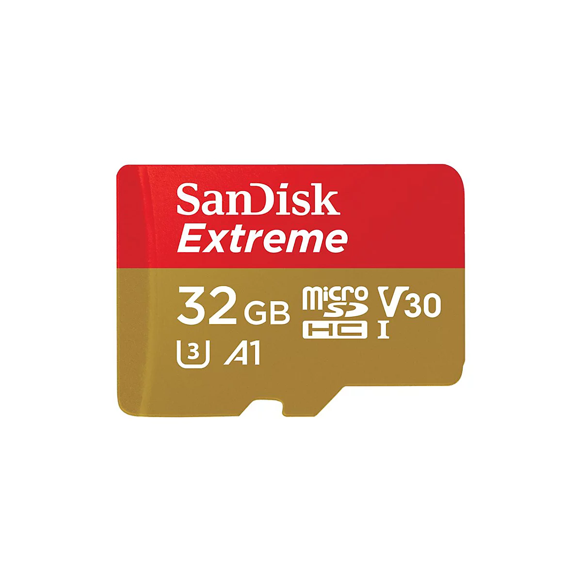 SanDisk Extreme MicroSD-Karte. Rot-goldene Karte mit Text: 32GB, V30, A1.
