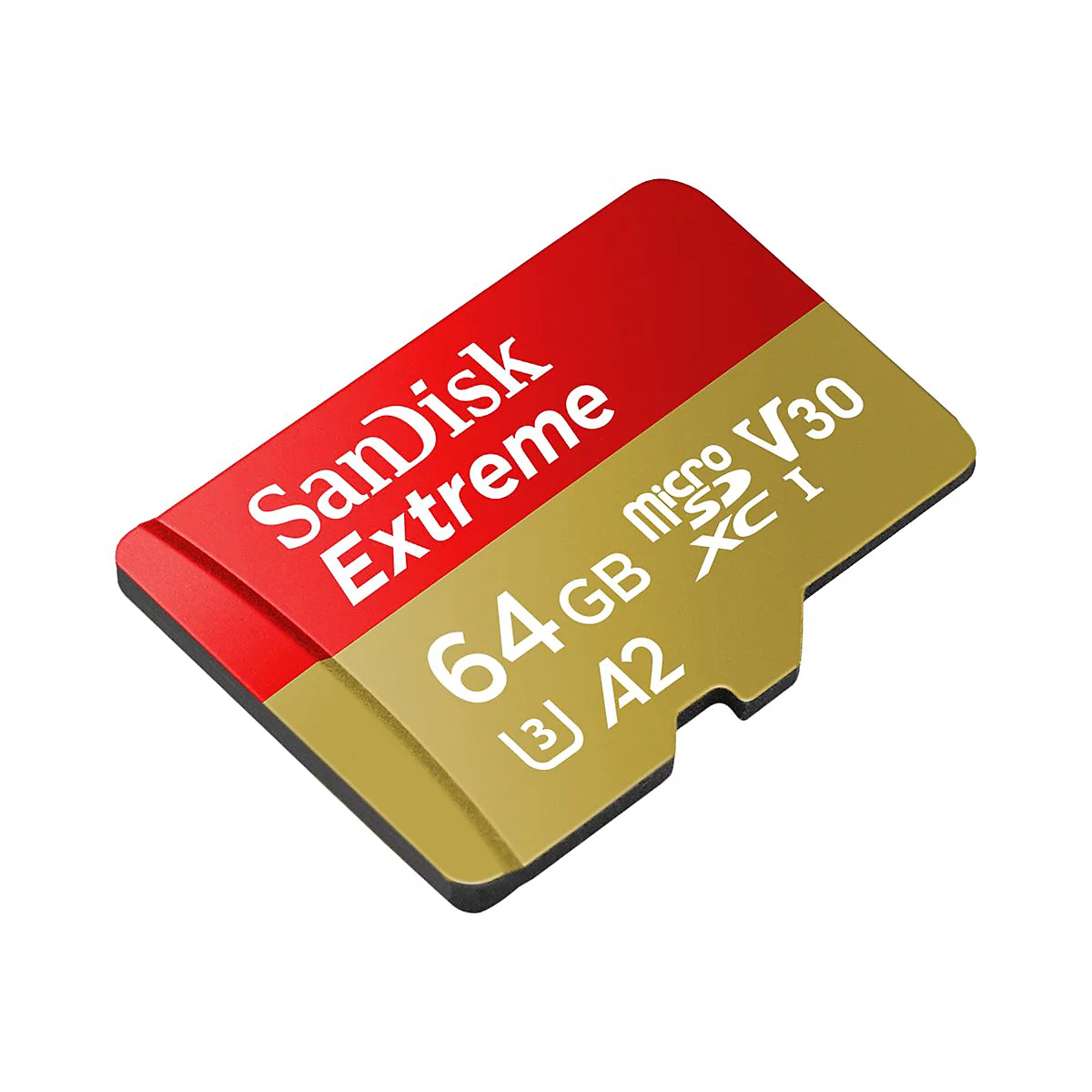 SanDisk Extreme microSD-Karte mit 64 GB Kapazität in Rot und Gold vor weißem Hintergrund.