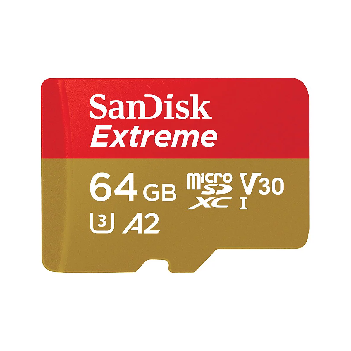 SanDisk Extreme microSD-Karte mit 64 GB Kapazität, weißer Schrift auf rotem und goldenem Hintergrund.
