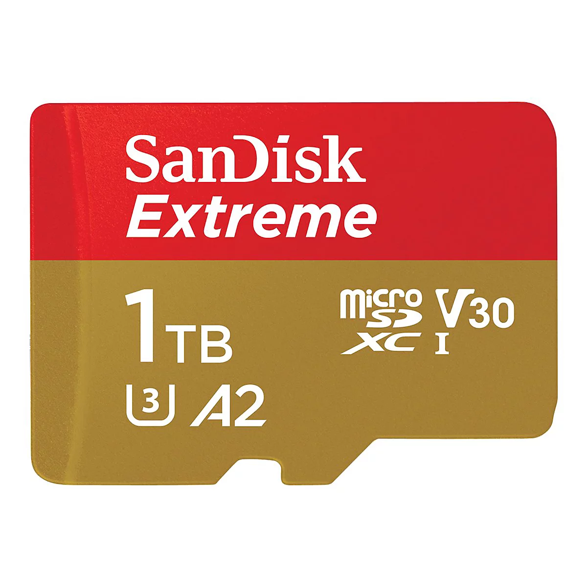 SanDisk Extreme MicroSD-Karte. Rot-goldenes Design. 1 TB Speicher. Aufdruck: V30, XC I, A2.