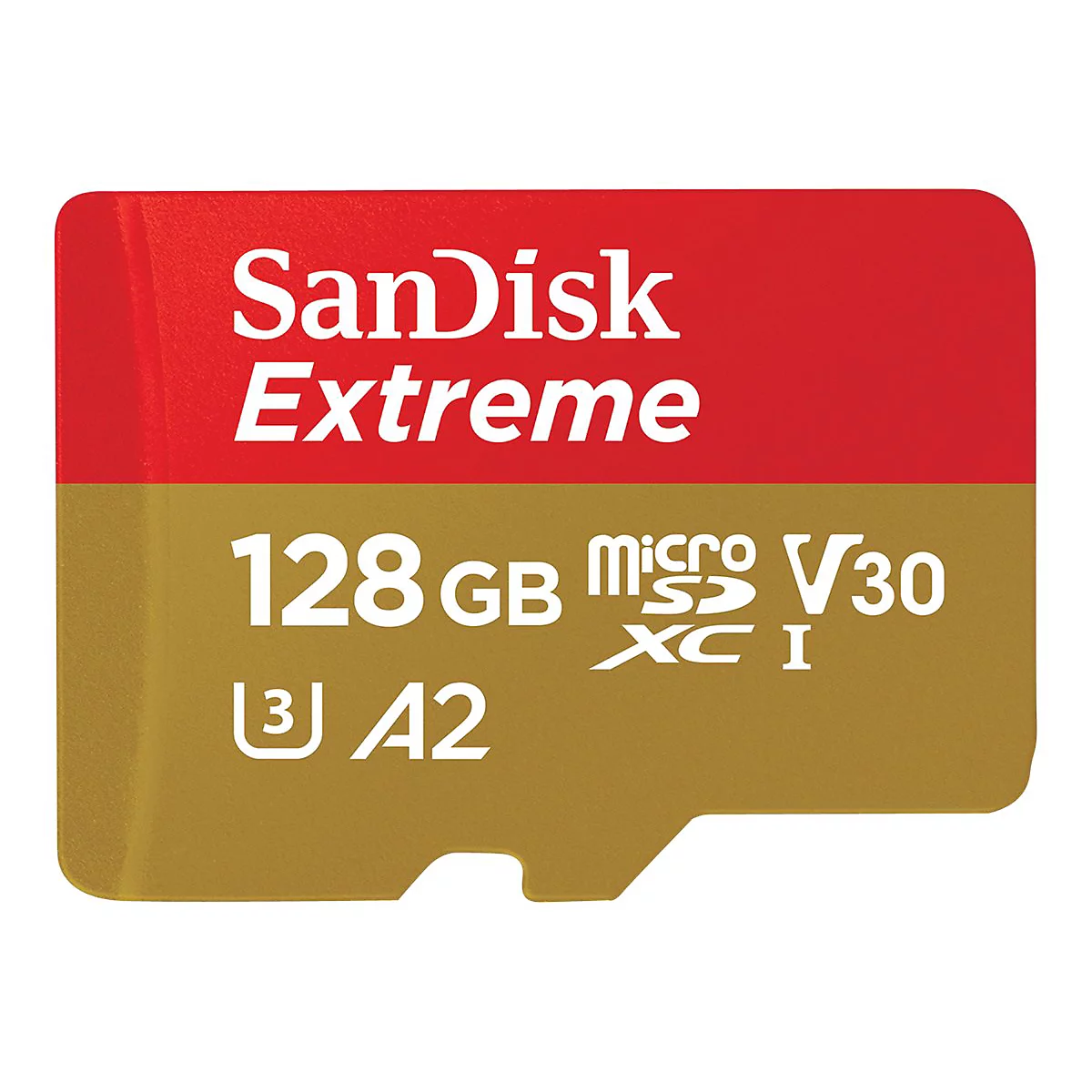 SD-Karte von SanDisk Extreme: Rot-goldene Karte mit der Aufschrift 128 GB, V30, A2, Extreme.