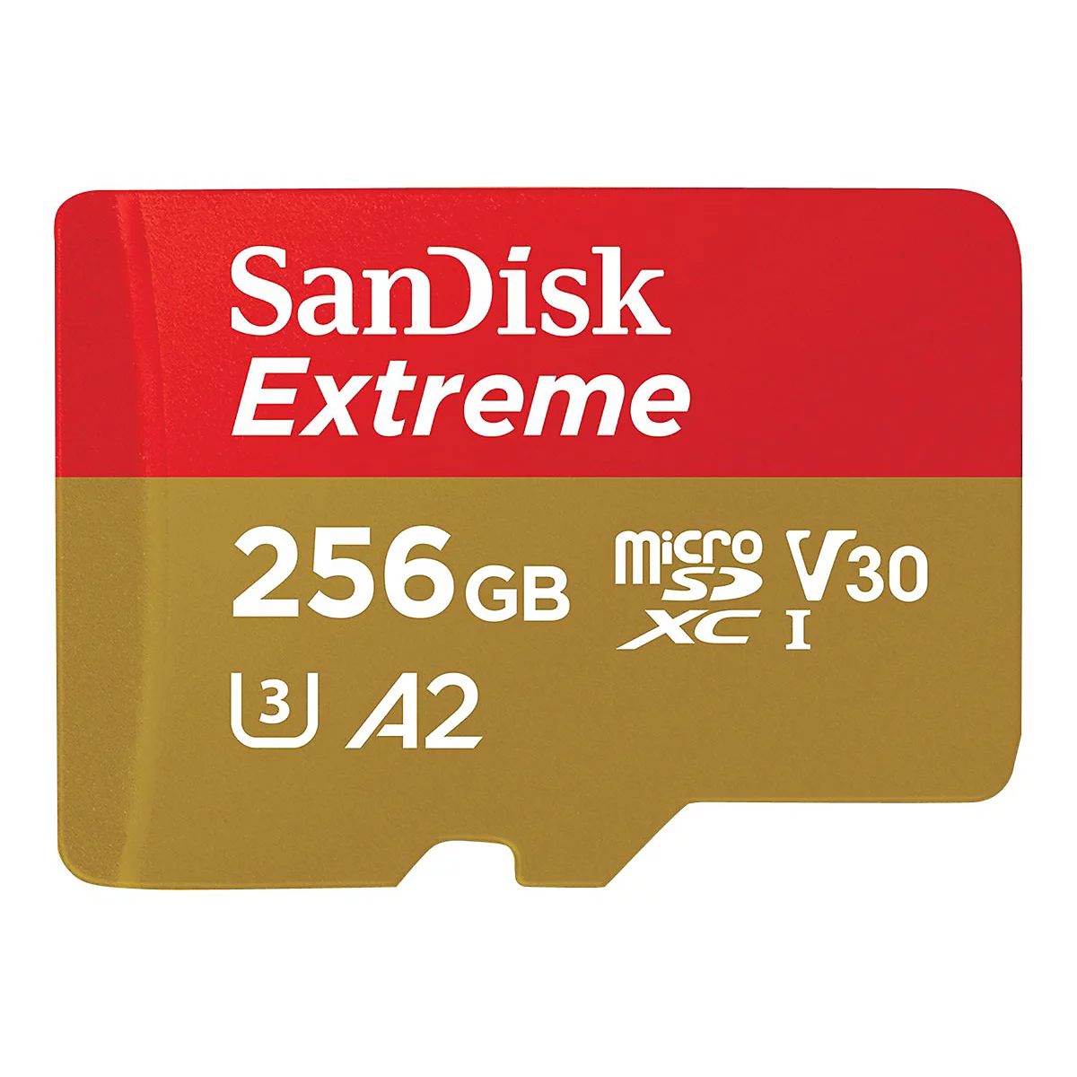 SanDisk Extreme MicroSD-Karte mit roter und goldfarbener Oberfläche, Text: 256GB, V30, A2.