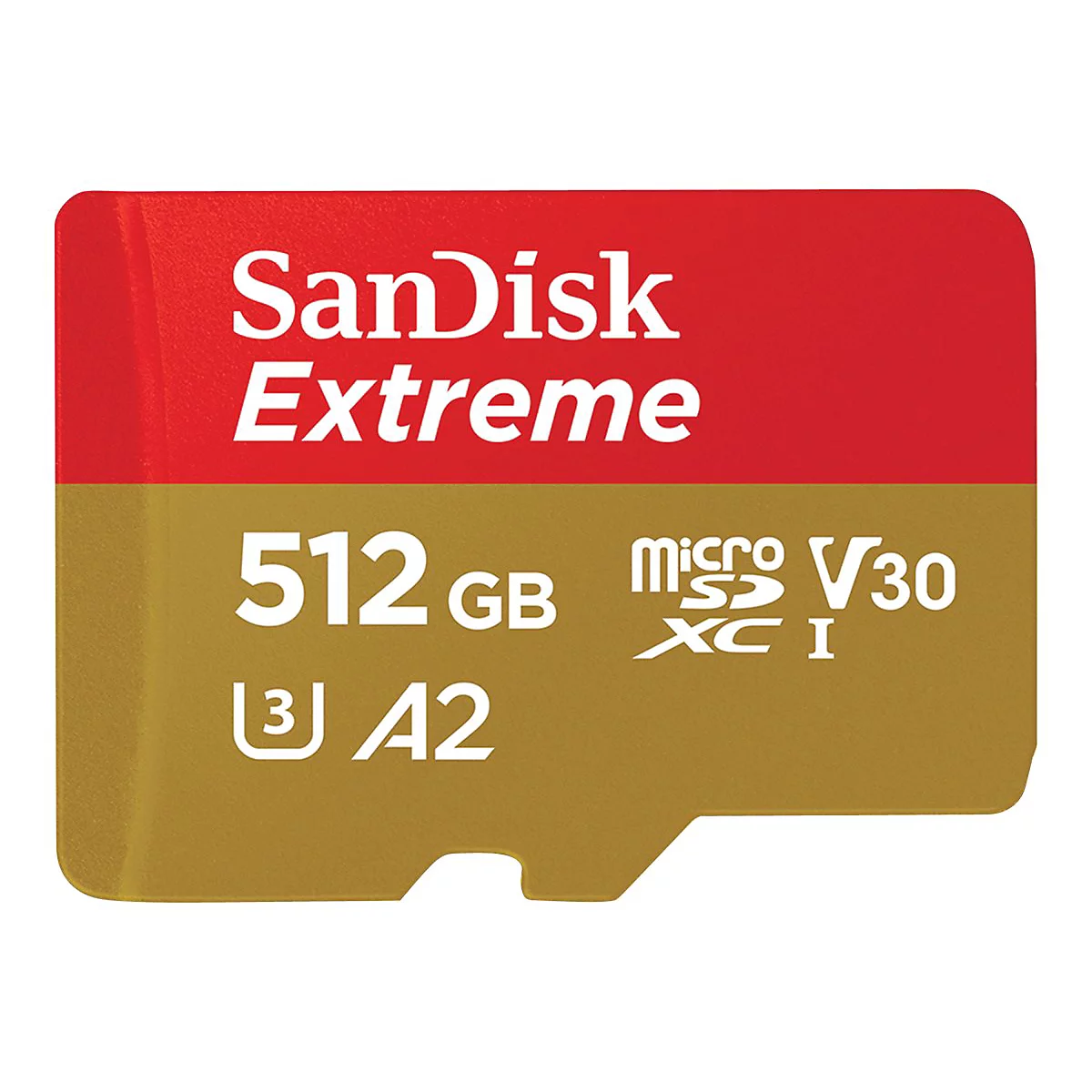 SanDisk Extreme MicroSD-Karte, rot-gold, 512 GB. Aufdruck: V30, A2.