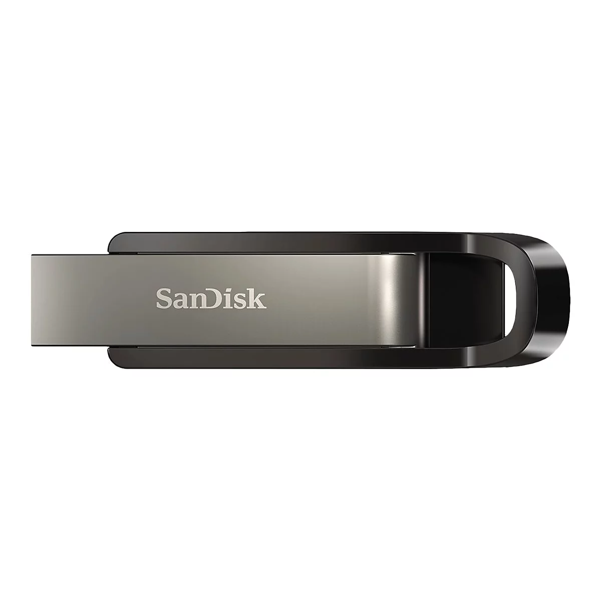 Une clé USB grise avec l'inscription Sandisk. Le cadre est noir.