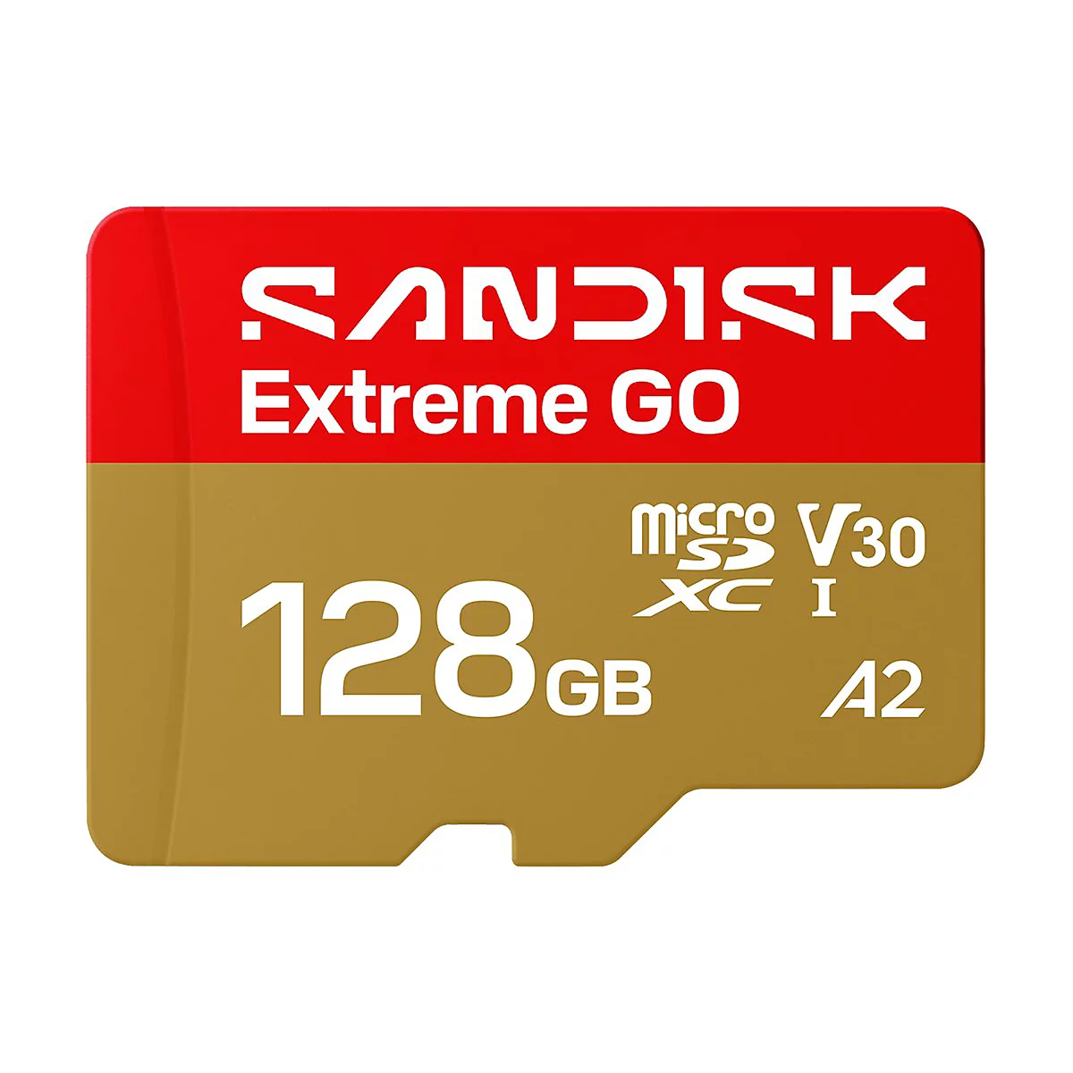 Nahaufnahme einer Sandisk Extreme Go MicroSD-Karte. Oben rot mit weißer Schrift, darunter goldfarben mit Aufdruck.