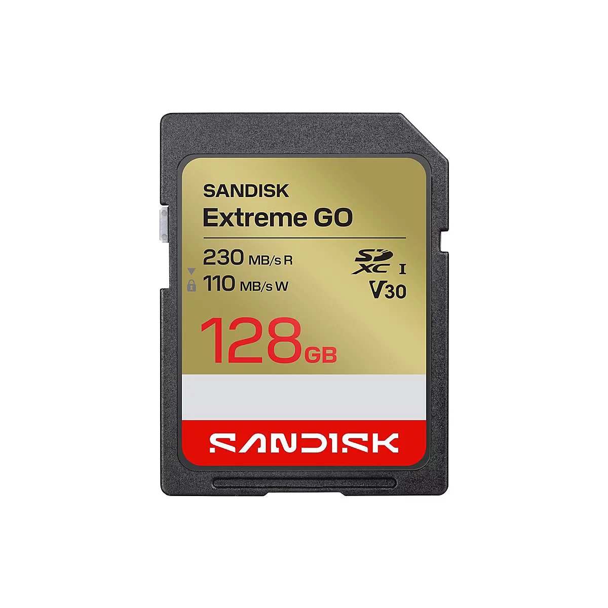 Eine SD-Karte der Marke Sandisk, mit der Aufschrift "Extreme GO", 128 GB, und technischen Daten.