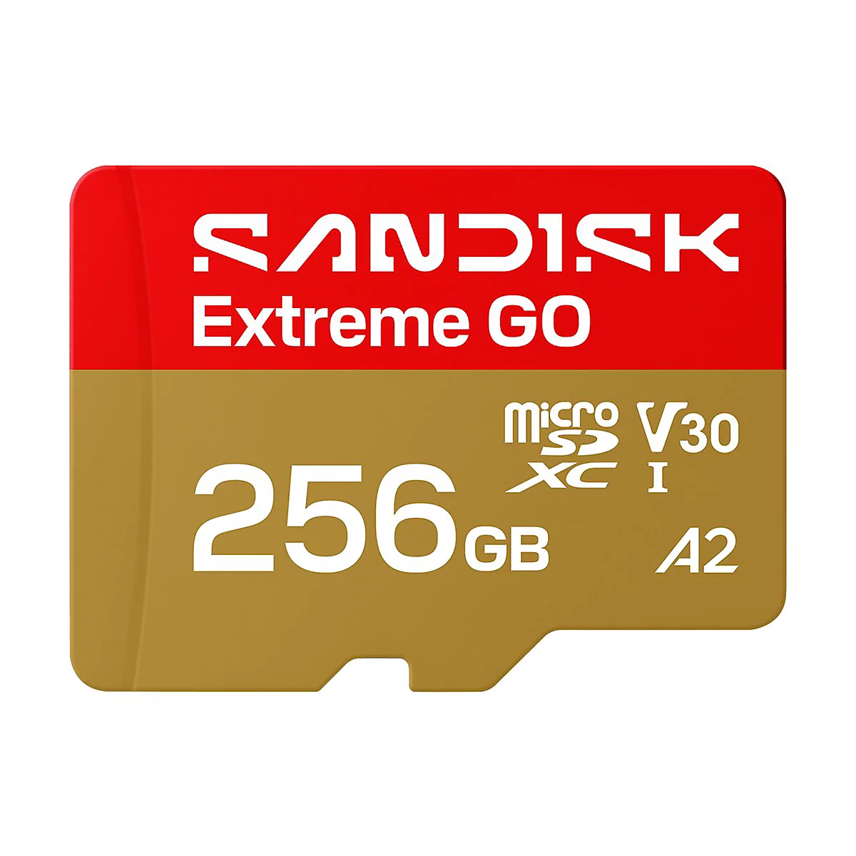 SD-Karte von SanDisk Extreme GO. Rot-goldfarben, mit weißer Schrift: SanDisk, Extreme GO, 256 GB, V30, A2.