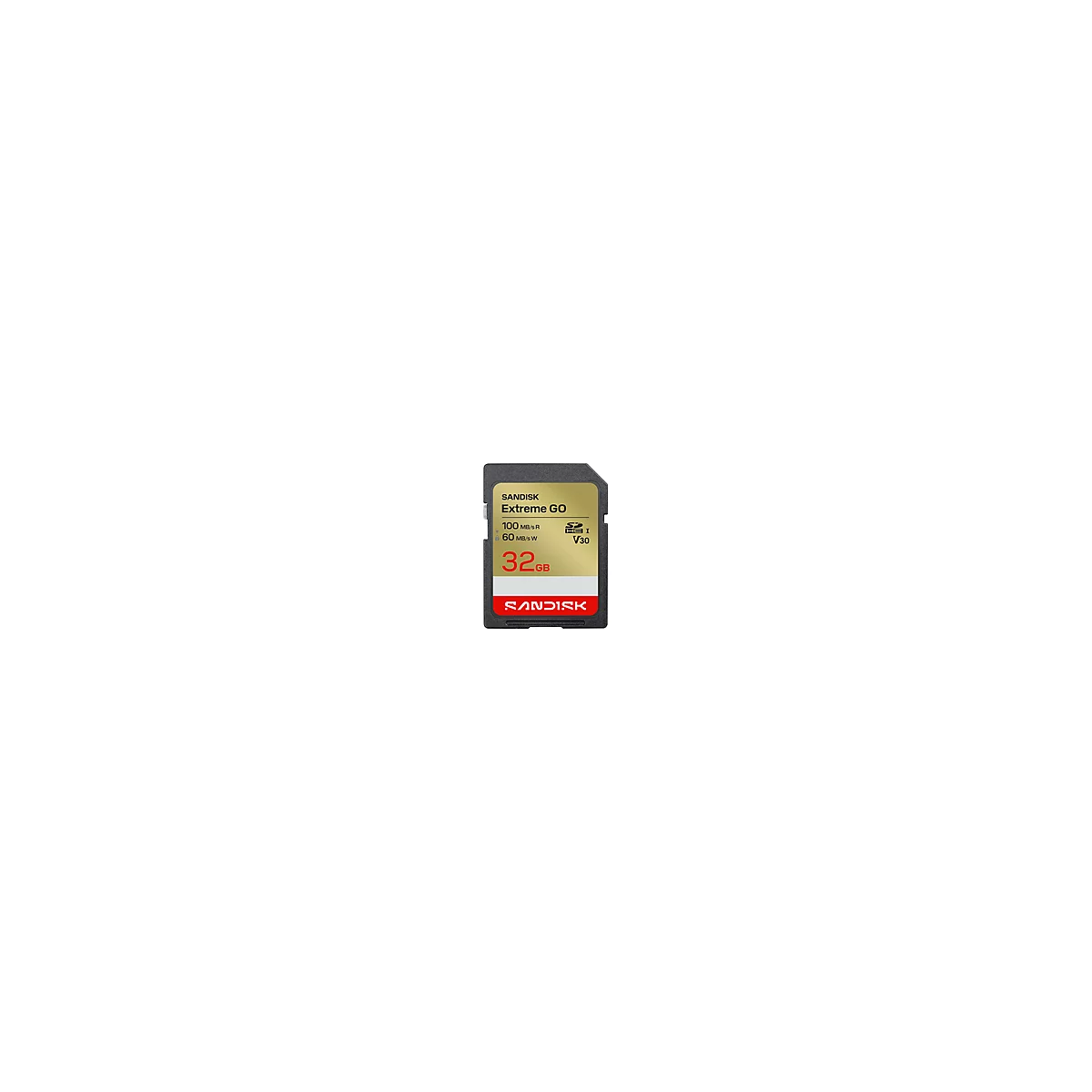 SD-Karte von SanDisk Extreme Go, 32 GB. Aufschrift: 100MB/s R, 60MB/s W und V30.