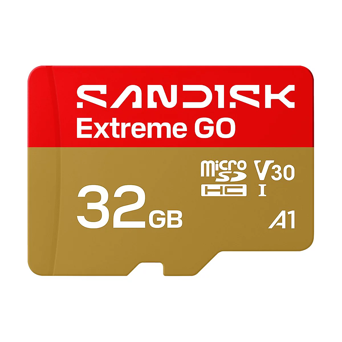 SanDisk Extreme GO MicroSD-Karte, rot-goldfarben, mit 32 GB Speicherplatz.
