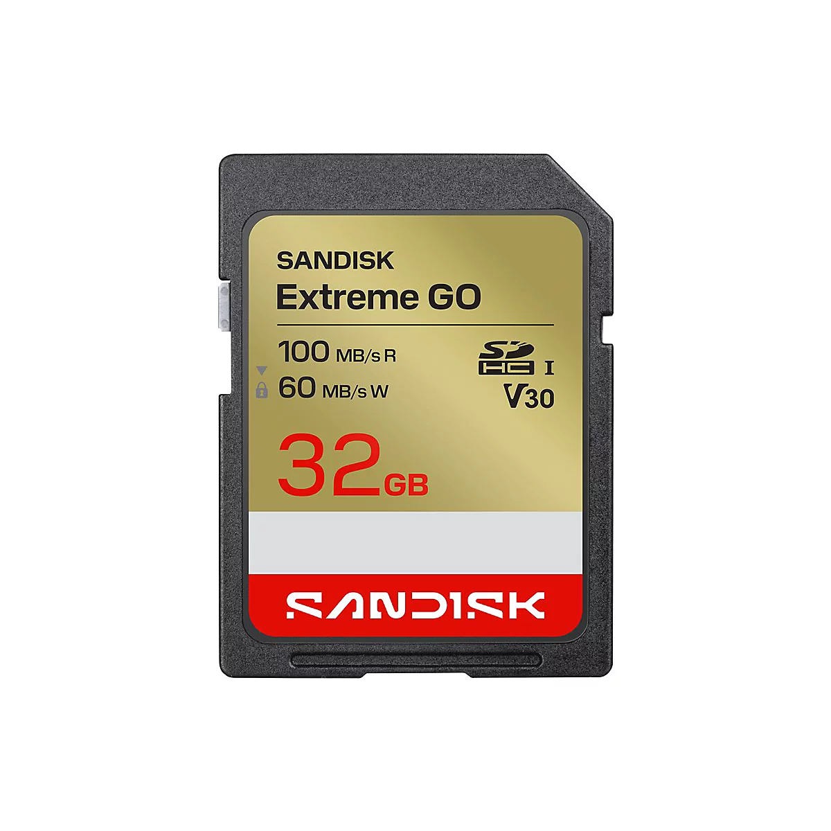 SD-Karte von Sandisk, schwarz und goldfarben, mit der Aufschrift Extreme GO, 32 GB.