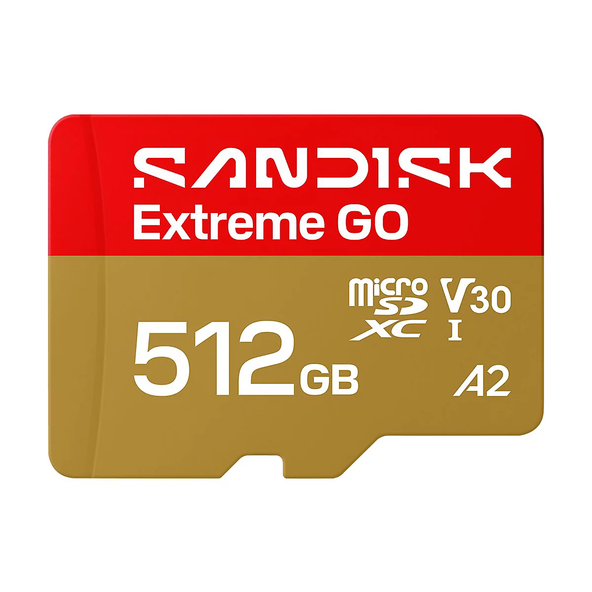 SD-Karte von SanDisk Extreme GO mit rotem und goldenem Farbschema, 512 GB.