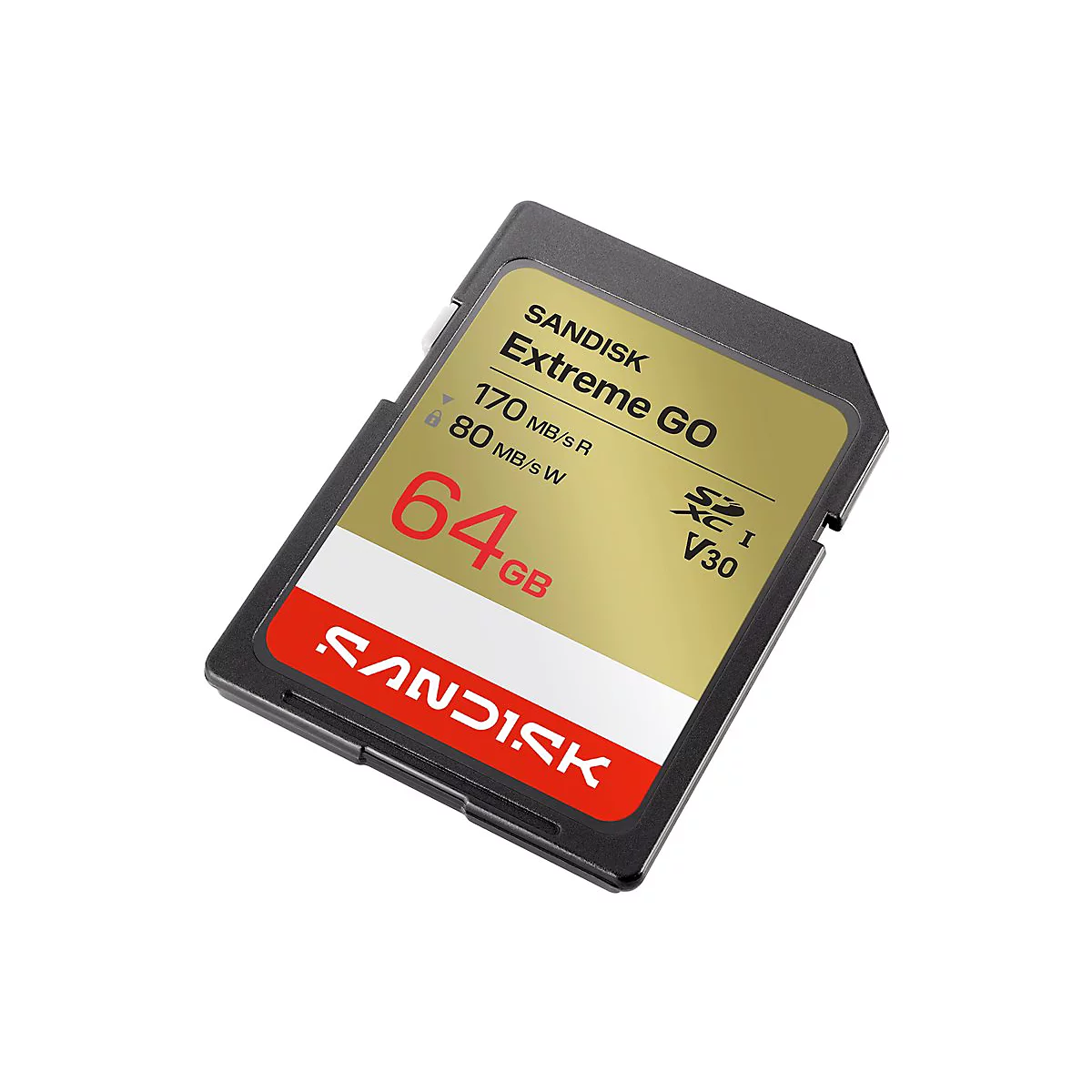 SD-Karte von Sandisk. Auf goldfarbenem Grund steht "Extreme GO", darunter Angaben zur Geschwindigkeit und Speicherkapazität.
