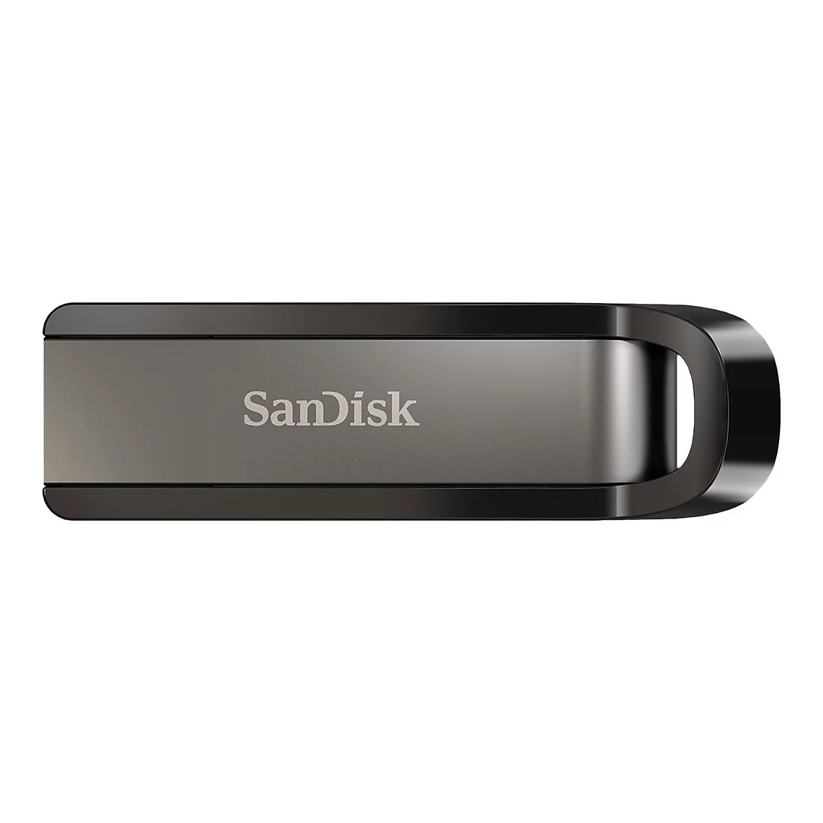 Ein grauer USB-Stick mit dem Schriftzug Sandisk. Das Gehäuse ist dunkel und hat eine Schlaufe.