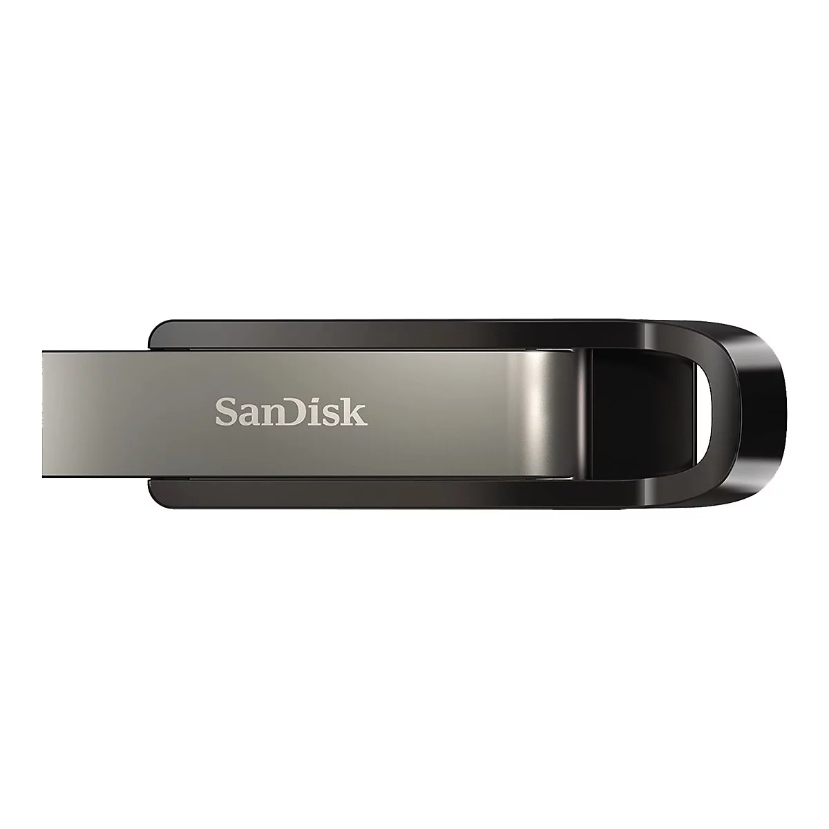 Ein schwarzer USB-Stick mit silbernem Mittelteil, auf dem "SanDisk" steht.