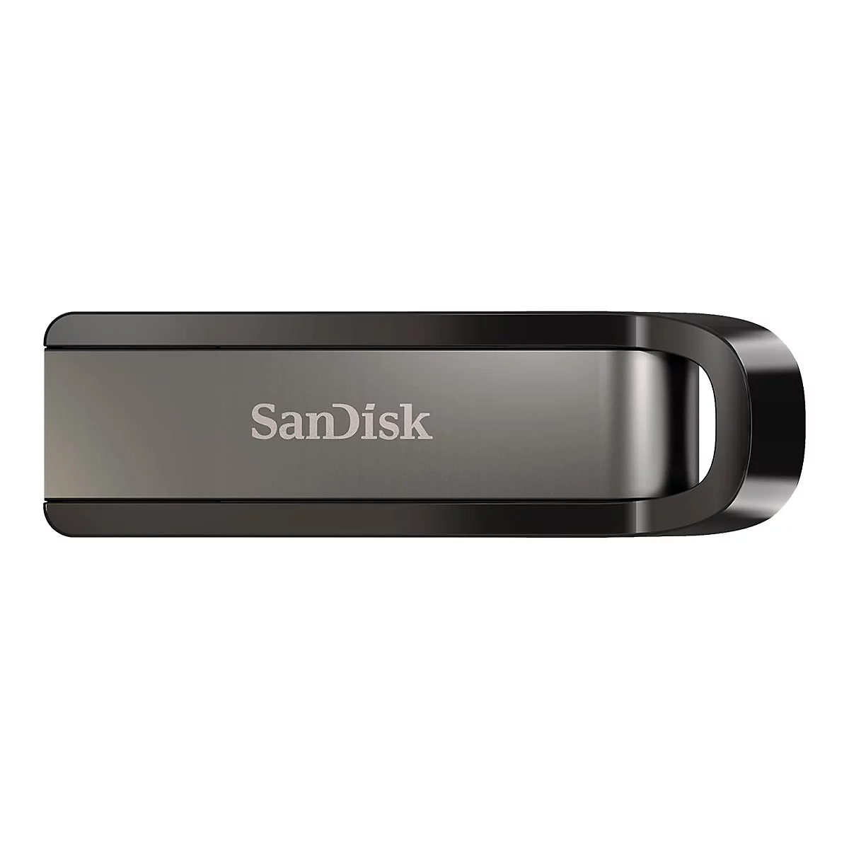 Dunkelgrauer USB-Stick mit abgerundeten Kanten; SanDisk-Logo; schwarze Schlaufe.