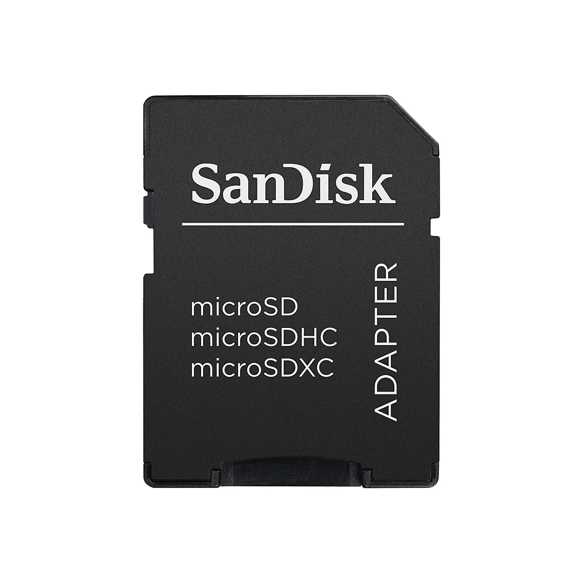 Adaptateur de carte microSD Sandisk noir avec lettrage blanc. Le mot "SanDisk" est visible.